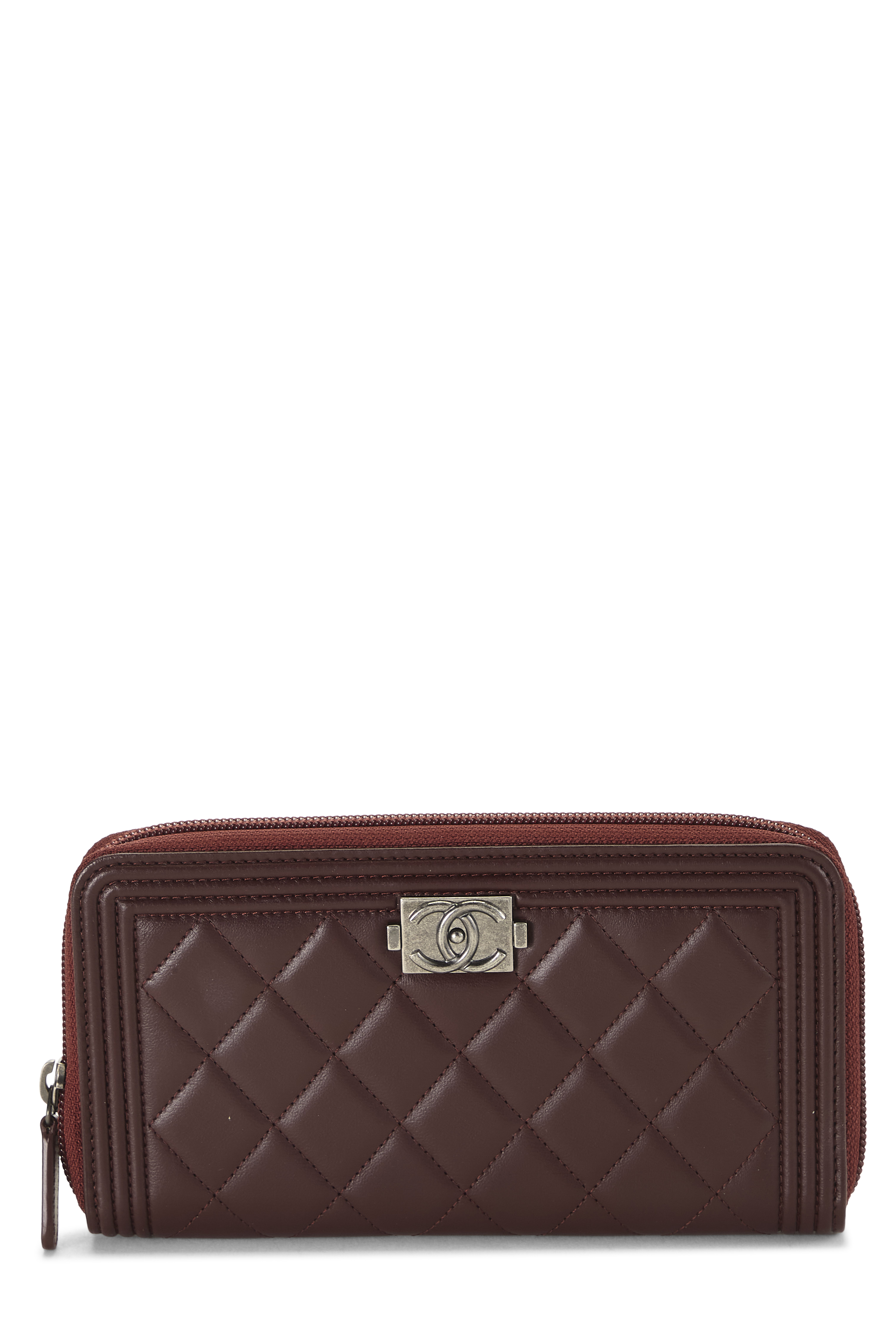 Women's Chanel Burgundy Lambskin Boy Zip Around Wallet in Red