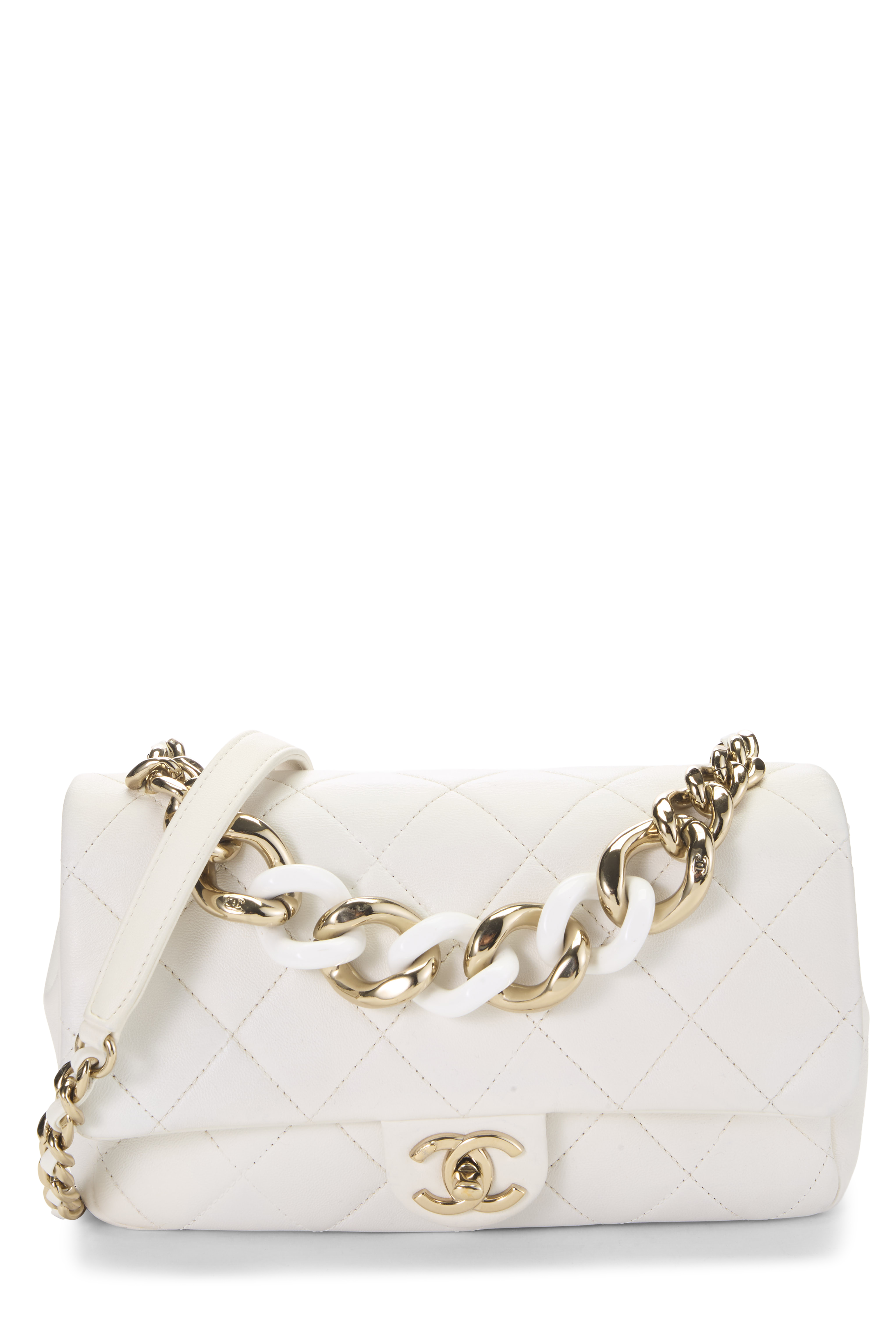 Women's Chanel White Quilted Lambskin Elegant 'CC' Flap Bag Small in White