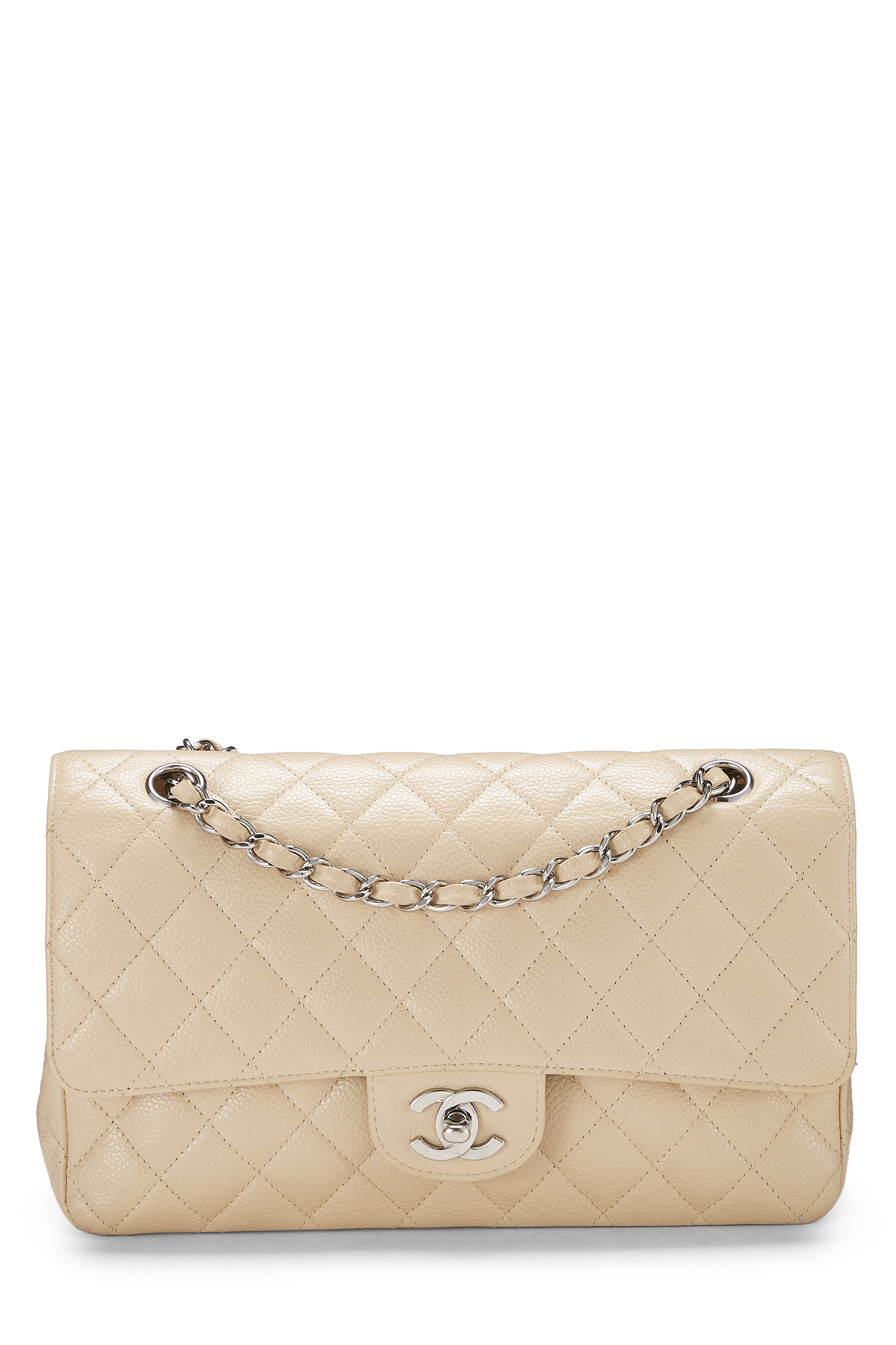 Women's Leather Chanel Beige Quilted Caviar Classic Double Flap Medium in Beige 10"