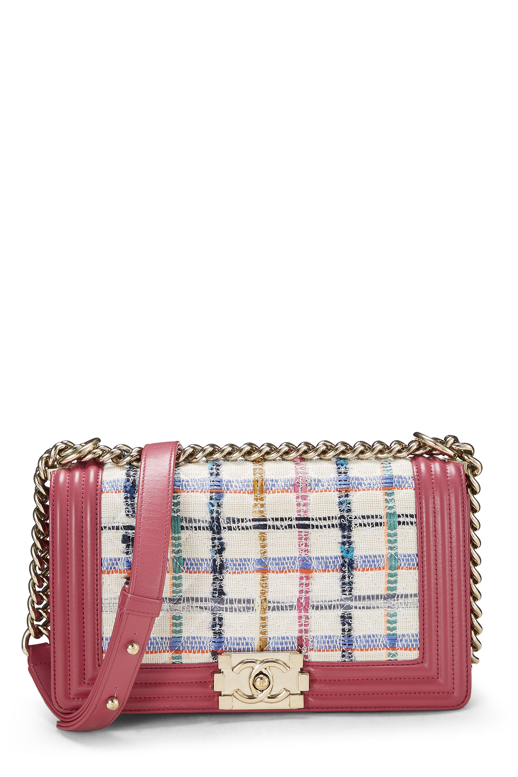 Women's Chanel Pink & Multicolor Quilted Tweed Boy Bag Medium in Pink Medium