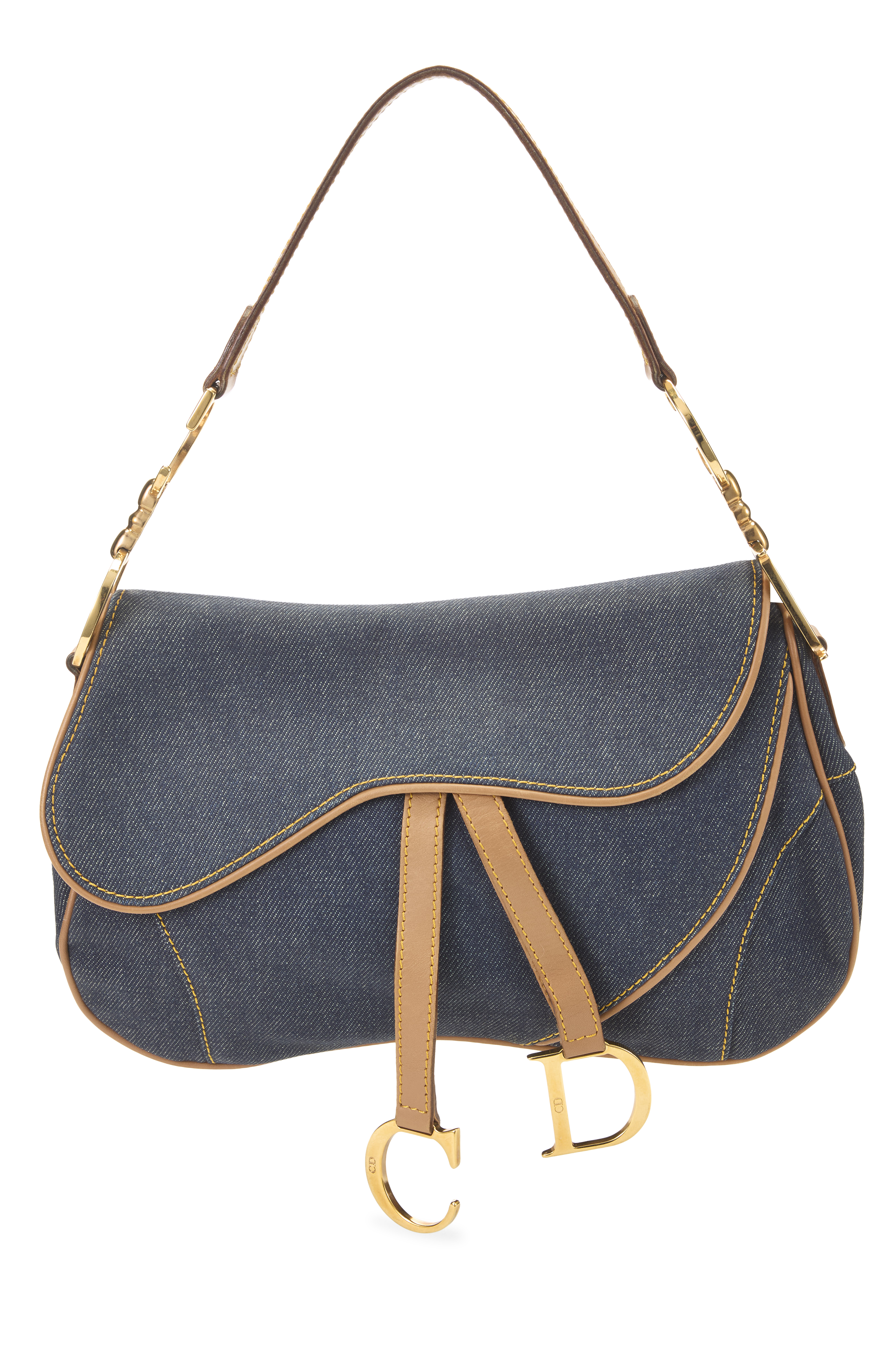 Women's Christian Dior Blue Denim Double Saddle Bag in Blue