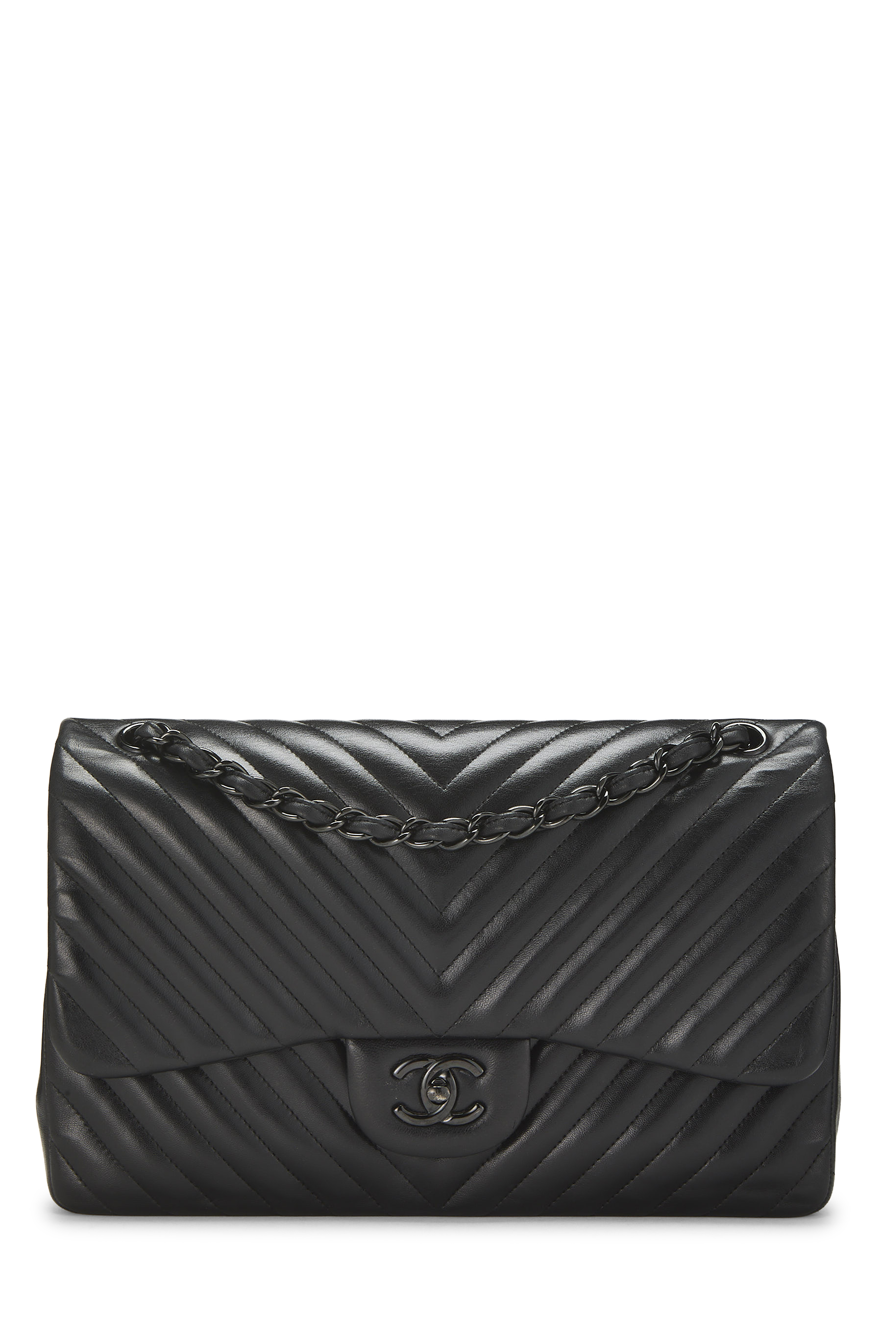 Women's Chanel Black Quilted Lambskin So Black Chevron New Classic Jumbo in Black Jumbo
