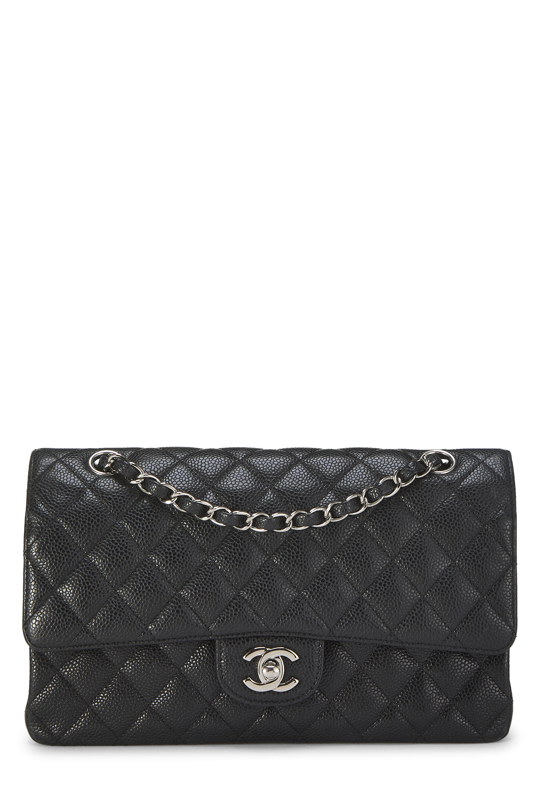 Women's Chanel Black Quilted Caviar Classic Double Flap Medium in Black 10"