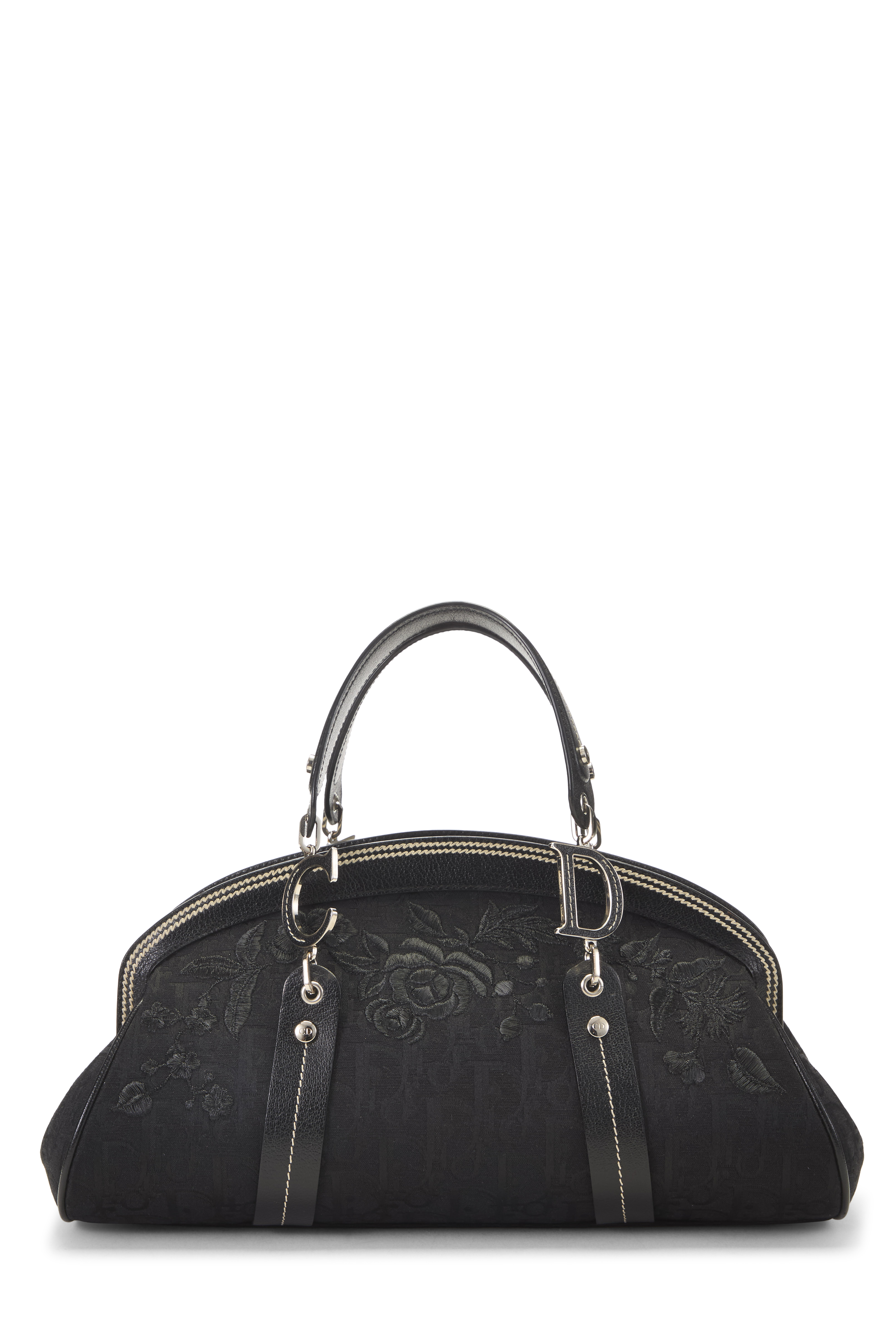 Women's Christian Dior Black Trotter Canvas Floral Frame Satchel in Black