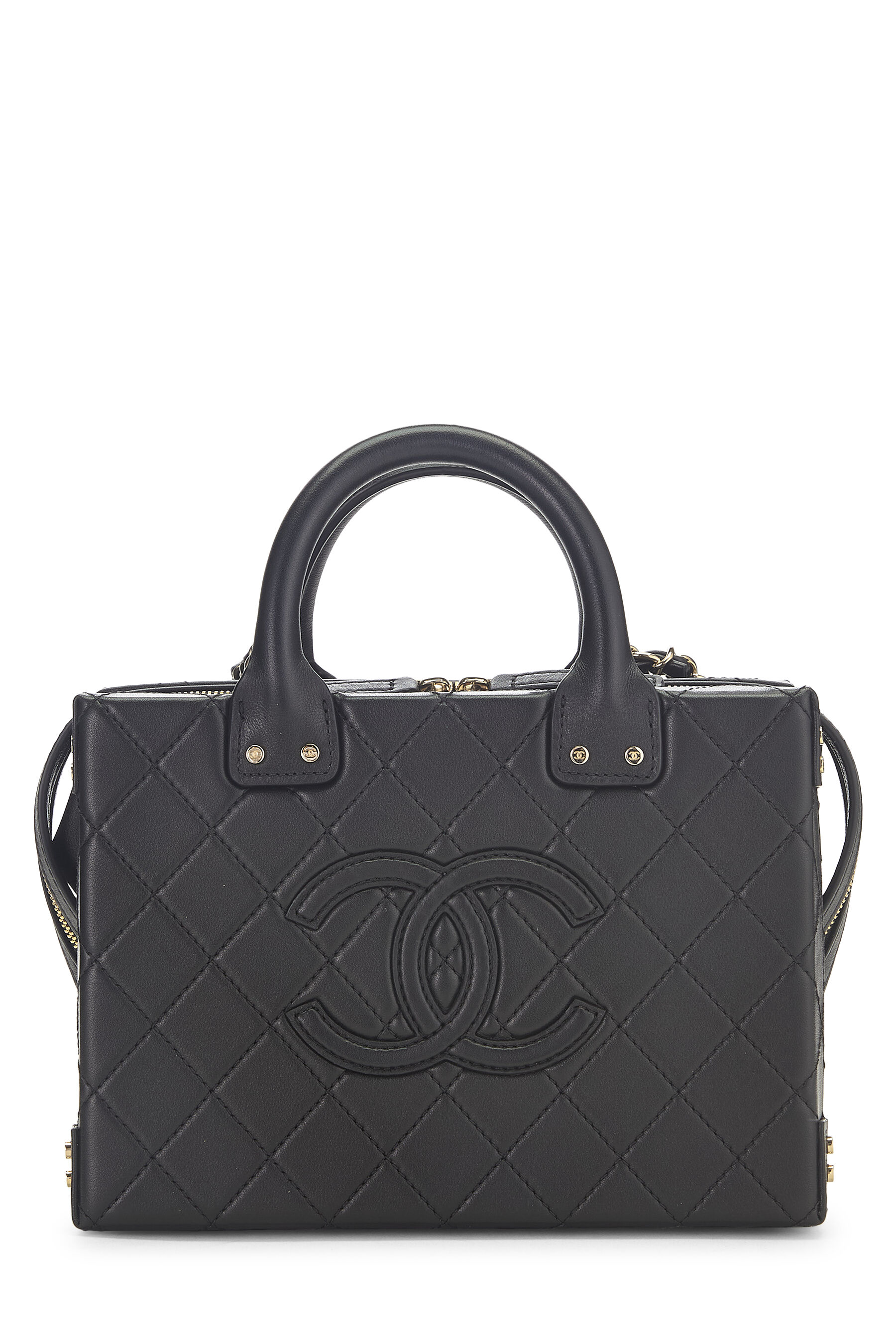 Women's Chanel Black Calfskin Leather Studded Square Vanity Case in Black