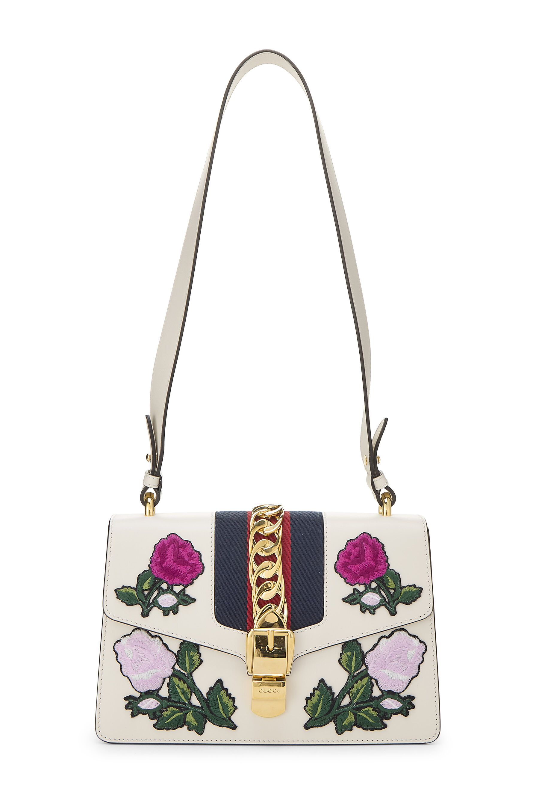 Women's Gucci White Floral Embroidered Leather Sylvie Small in White Small