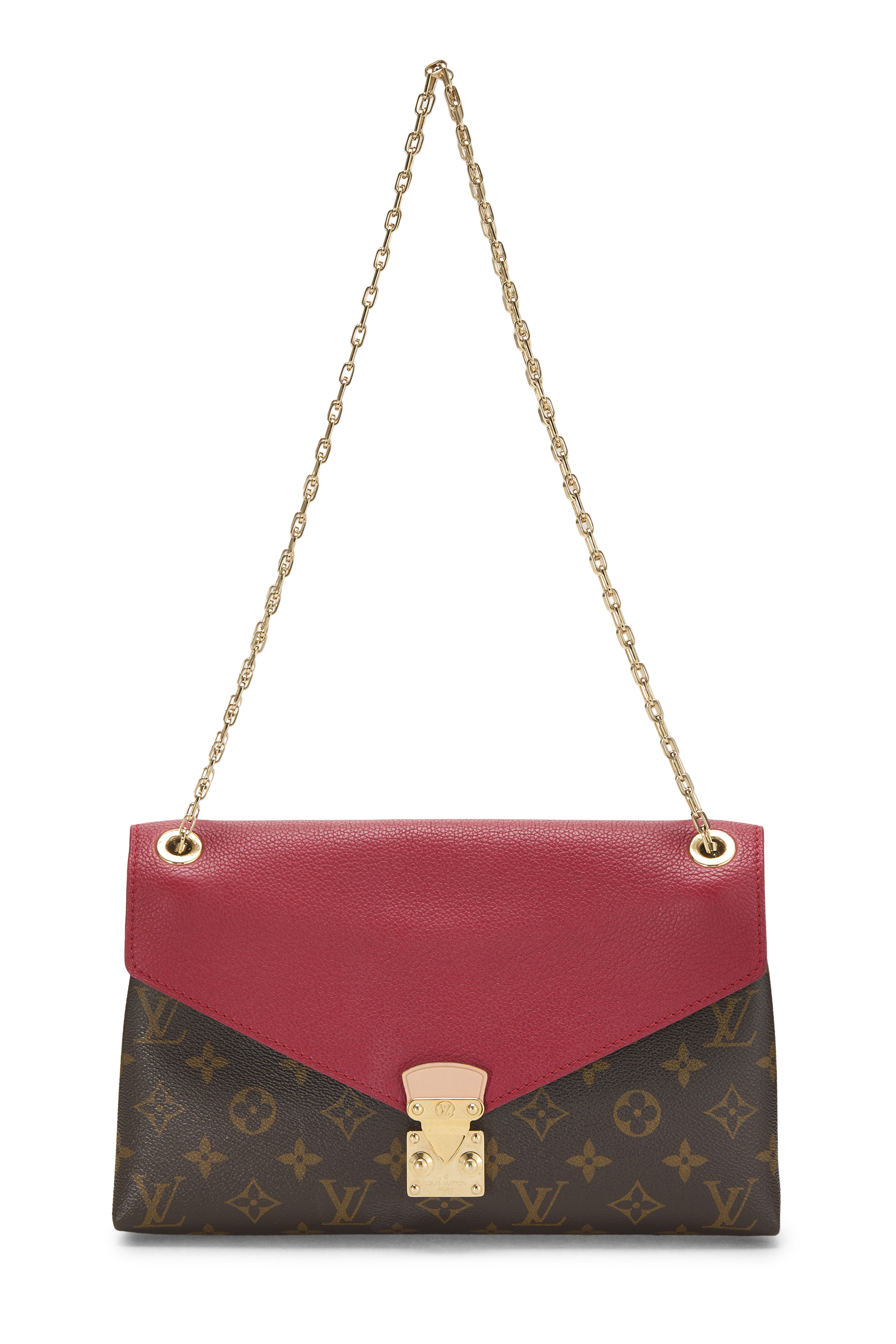Women's Microfiber Louis Vuitton Red Monogram Canvas Pallas Chain Bag in Brown