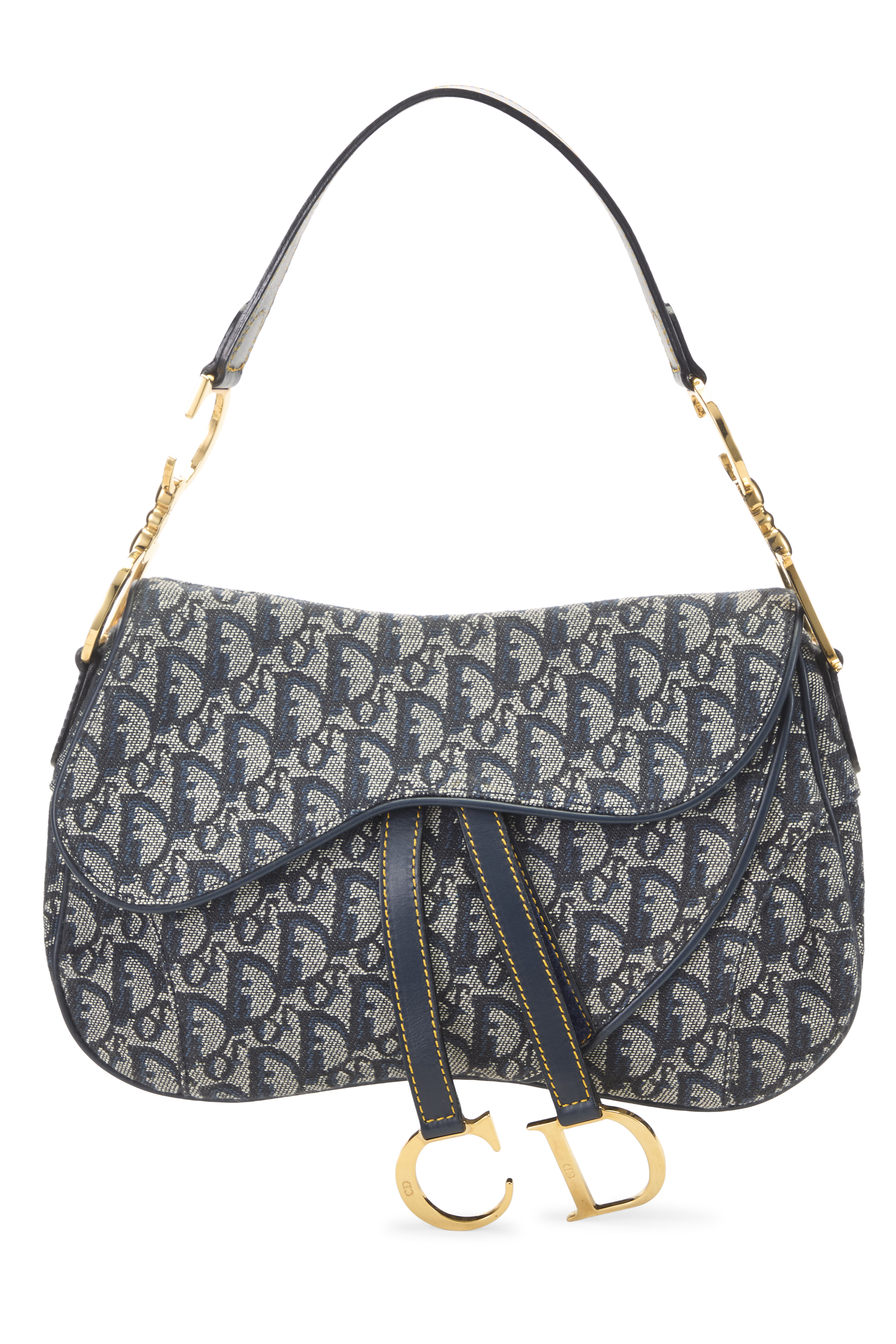 Women's Christian Dior Navy Trotter Canvas Double Saddle Bag in Navy