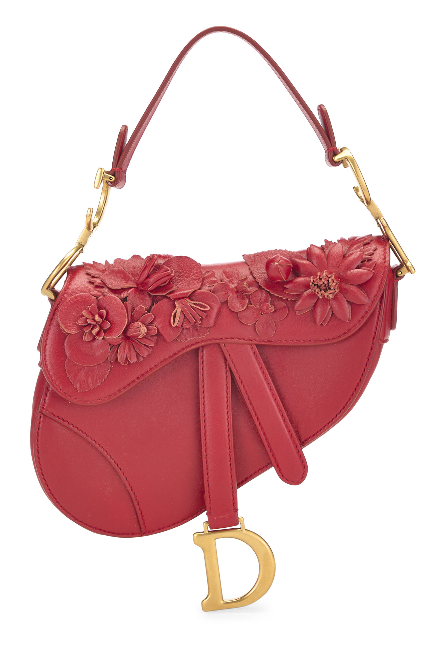 Women's Christian Dior Red Calfskin 3D Flower Saddle Bag Mini in Red Mini