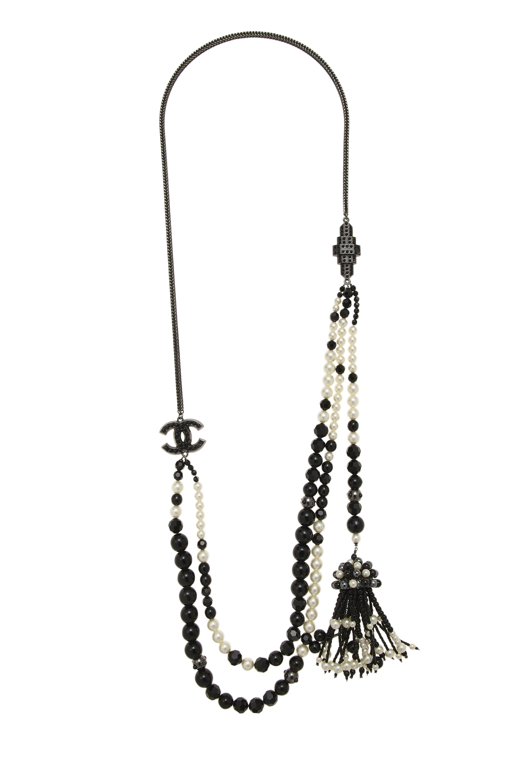 Women's Chanel Black Faux Pearl 'CC' Long Necklace in Black