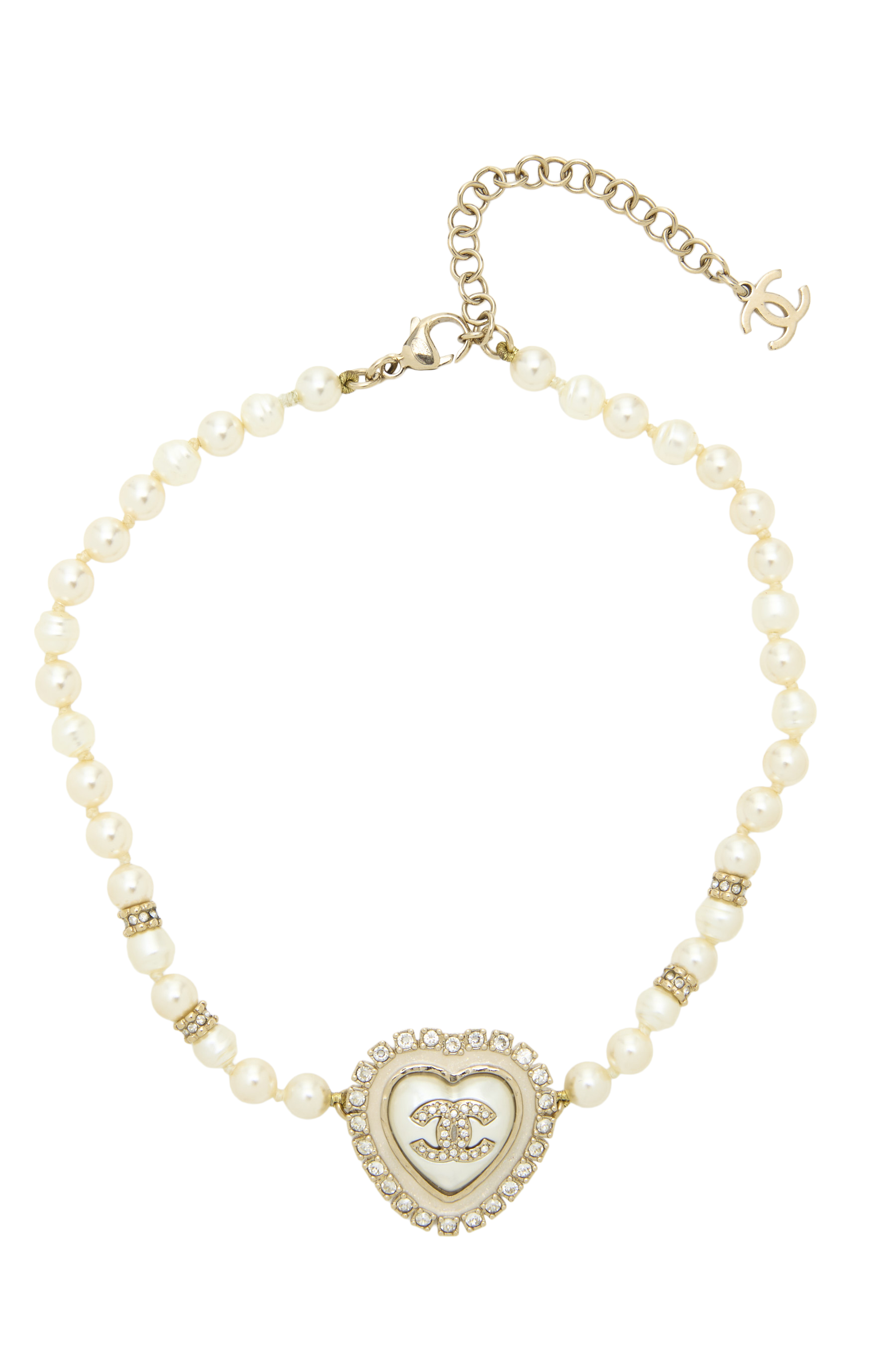 Women's Chanel Gold Faux Pearl 'CC' Heart Choker in Gold