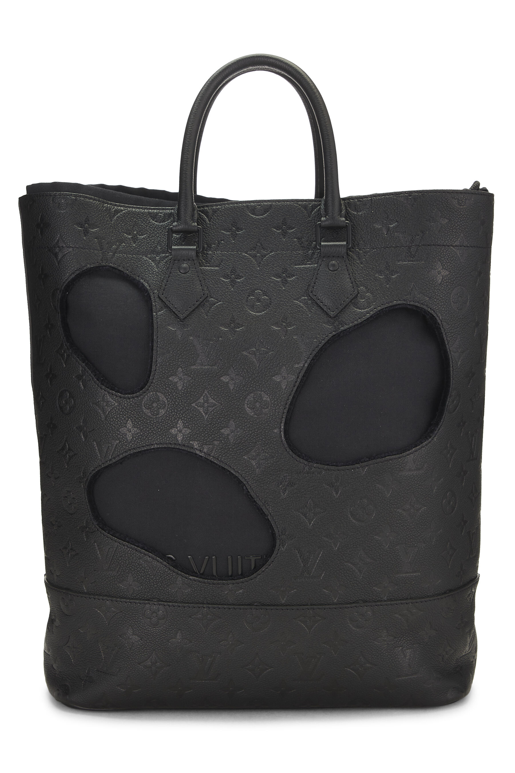 Women's Canvas Louis Vuitton COMME DES GARÇONS x Louis Vuitton Black Monogram Empreinte Bag with Holes in Black MM