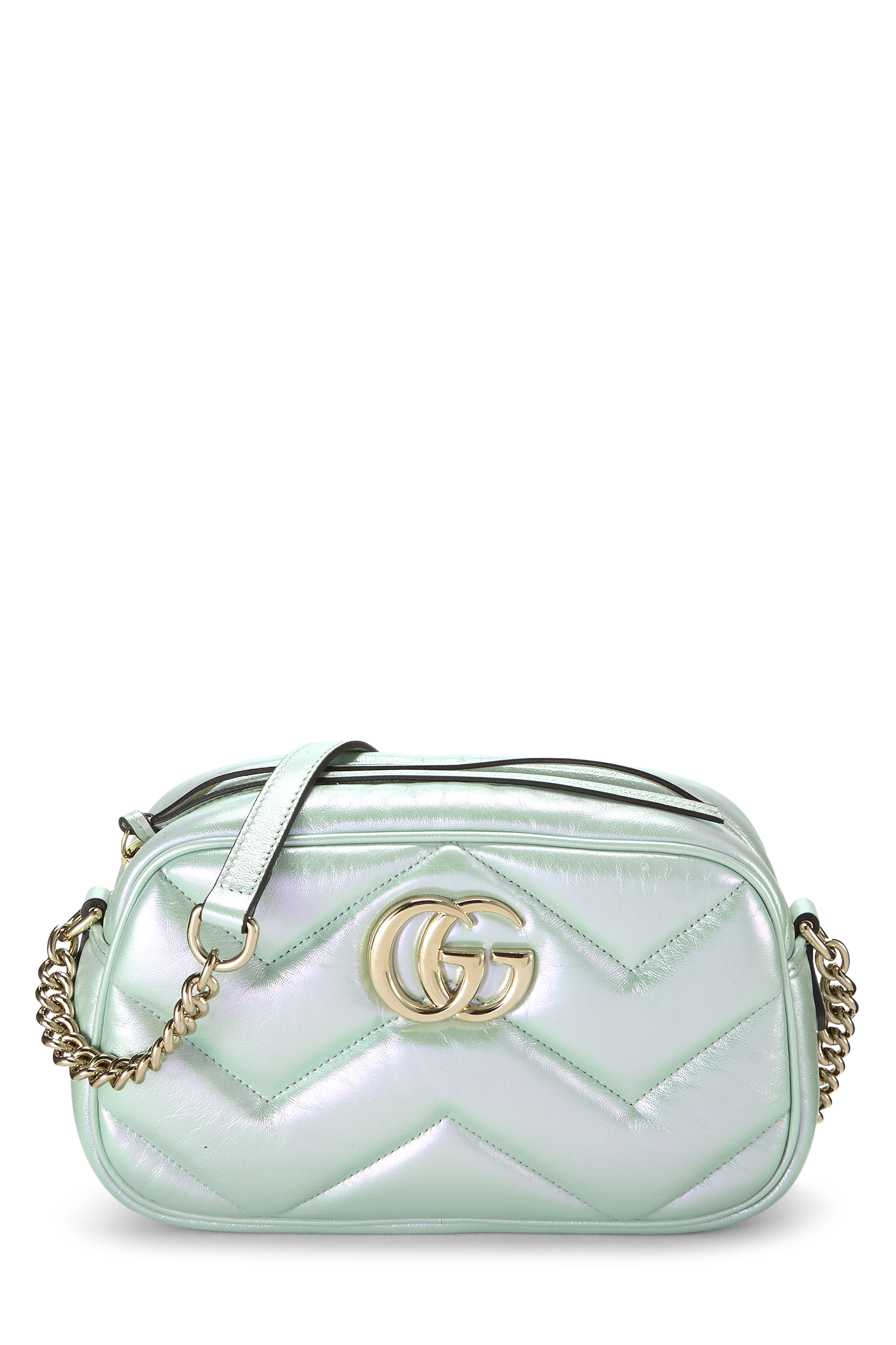 Women's Gucci Green Iridescent Leather GG Marmont Matelassé Crossbody Bag in Green Small