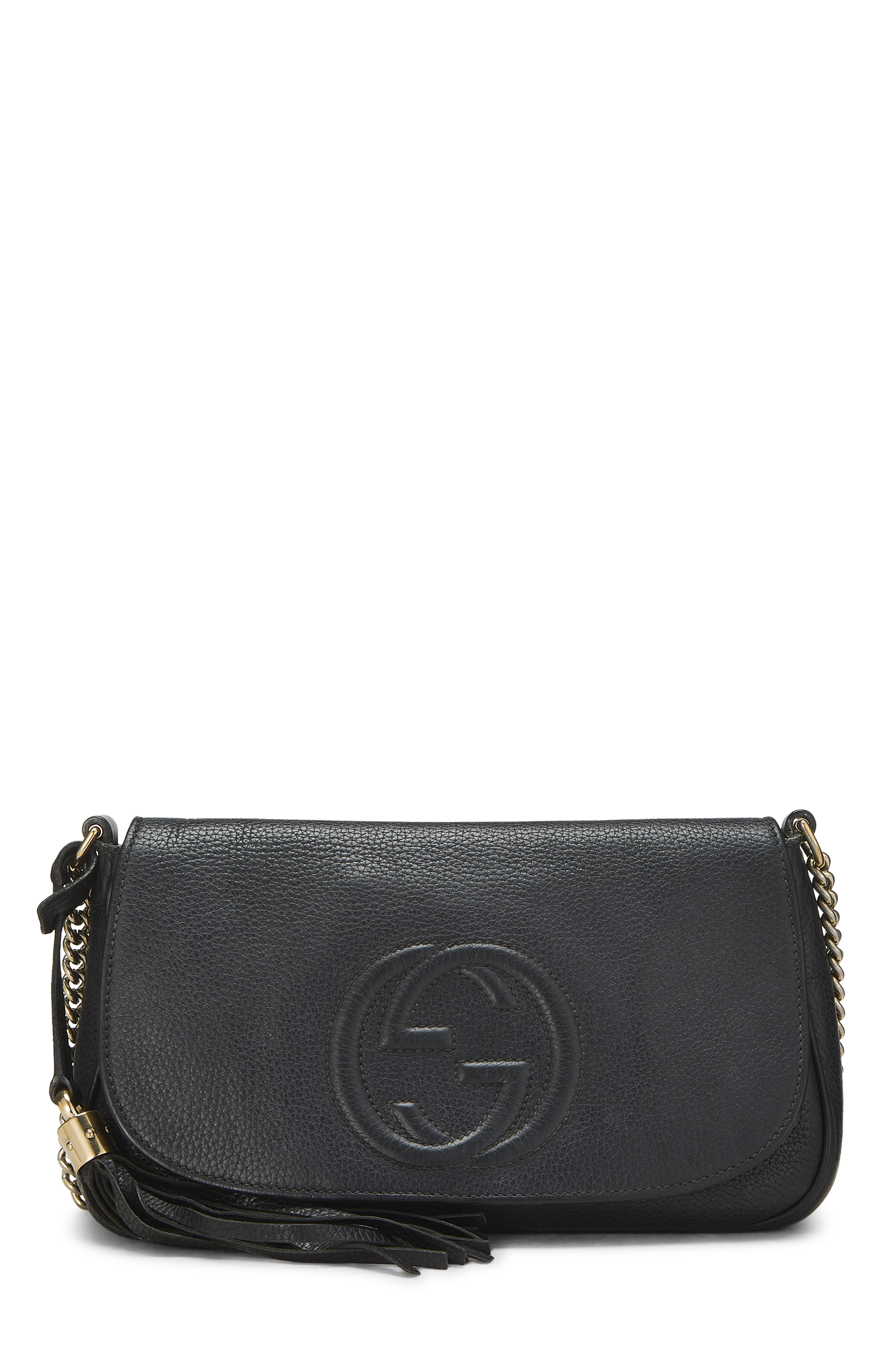 Women's Canvas Gucci Black Grained Leather Soho Chain Flap Crossbody in Black