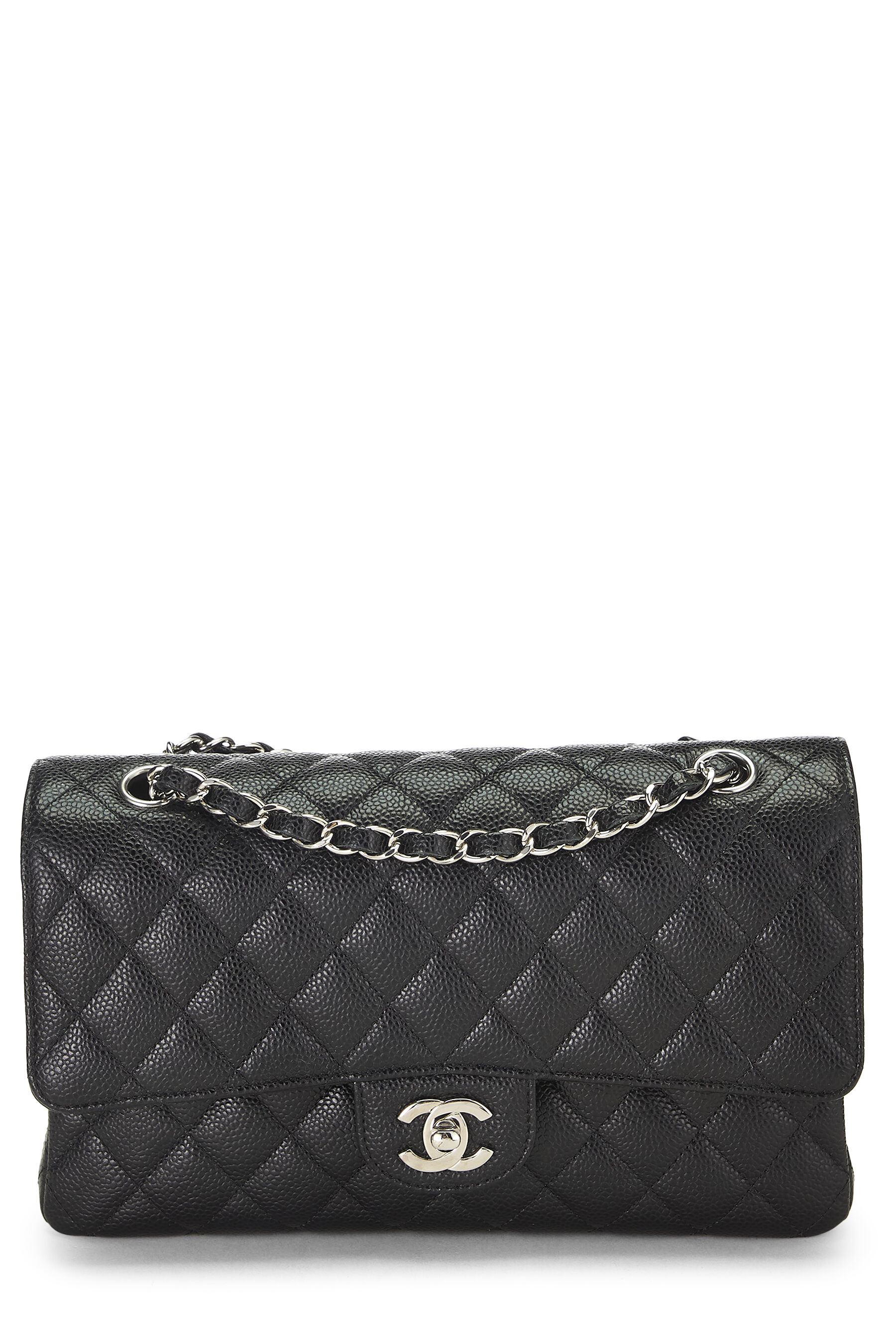 Women's Chanel Black Quilted Caviar Classic Double Flap Medium in Black 10"