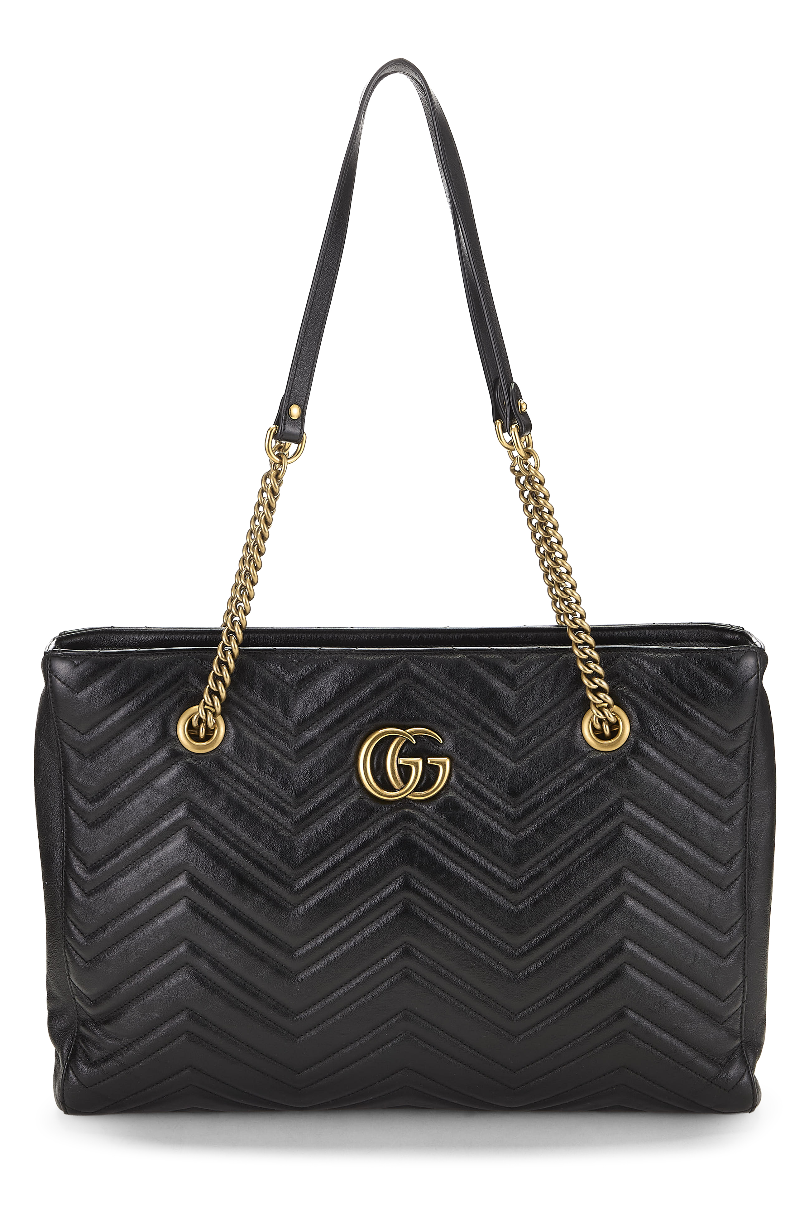 Women's Gucci Black Leather GG Marmont Flat Chain Tote in Black