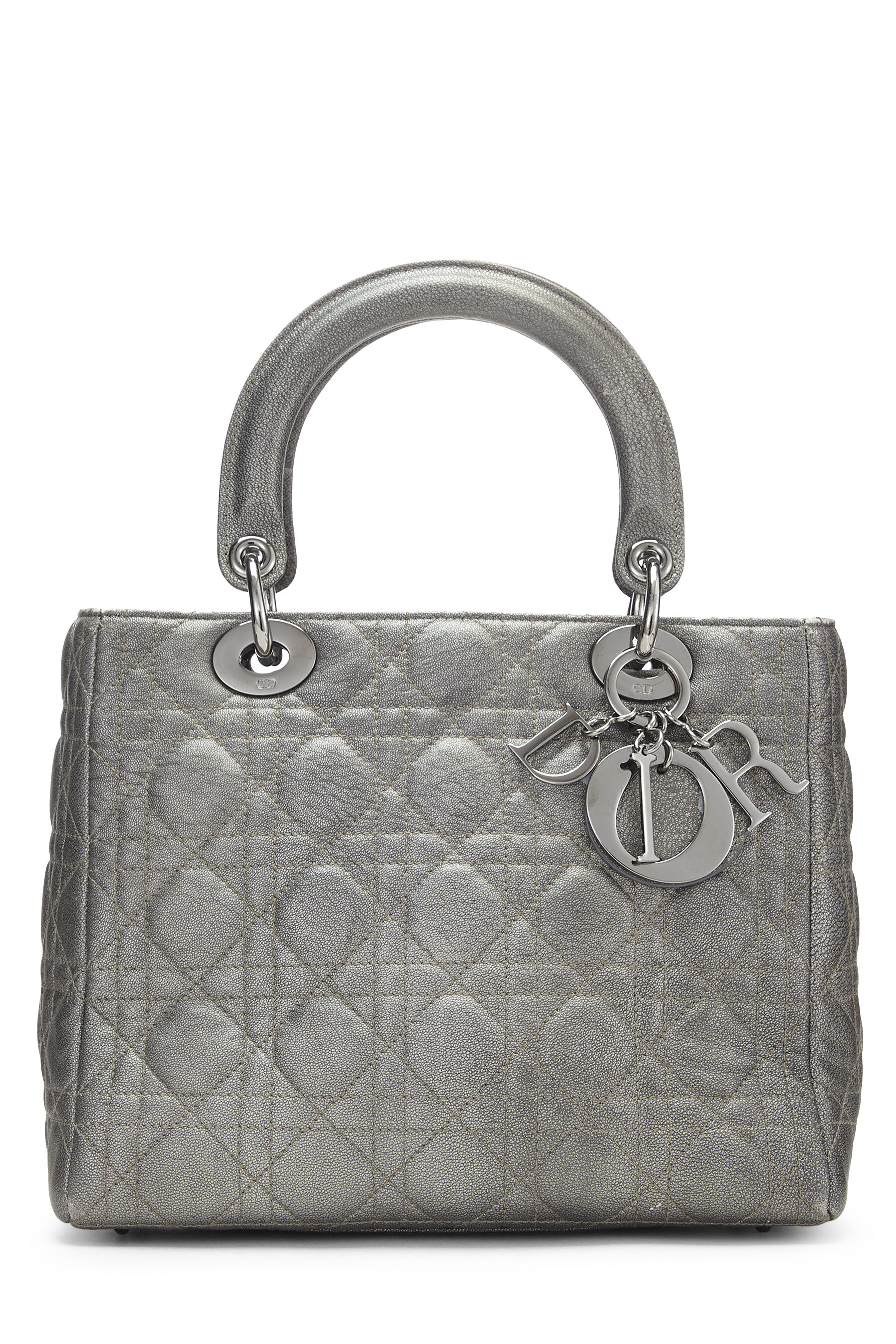 Women's Christian Dior Metallic Grey Cannage Quilted Lambskin Lady Dior Medium in Grey Medium