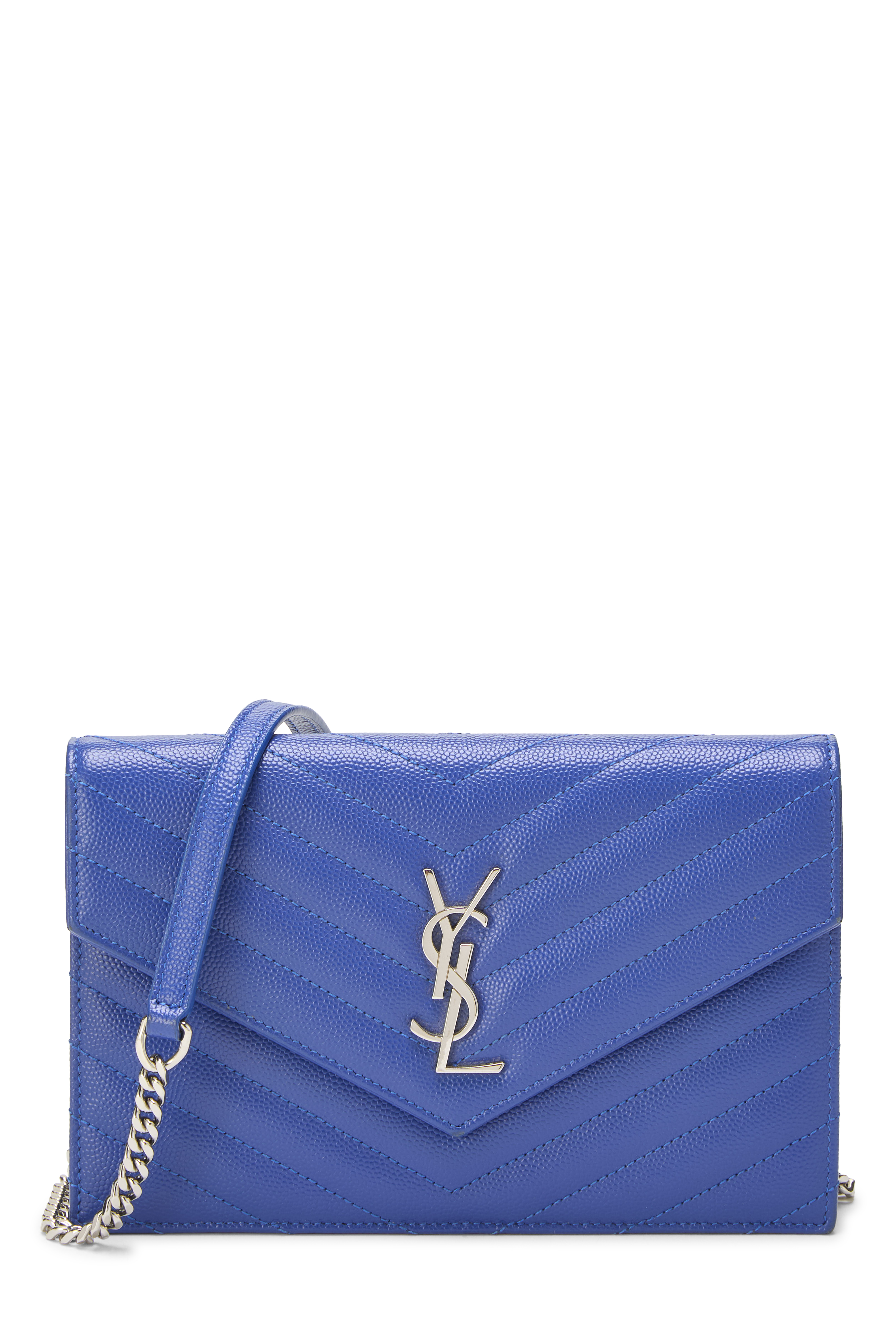 Women's YSL Blue Grained Calfskin Envelope Wallet On Chain