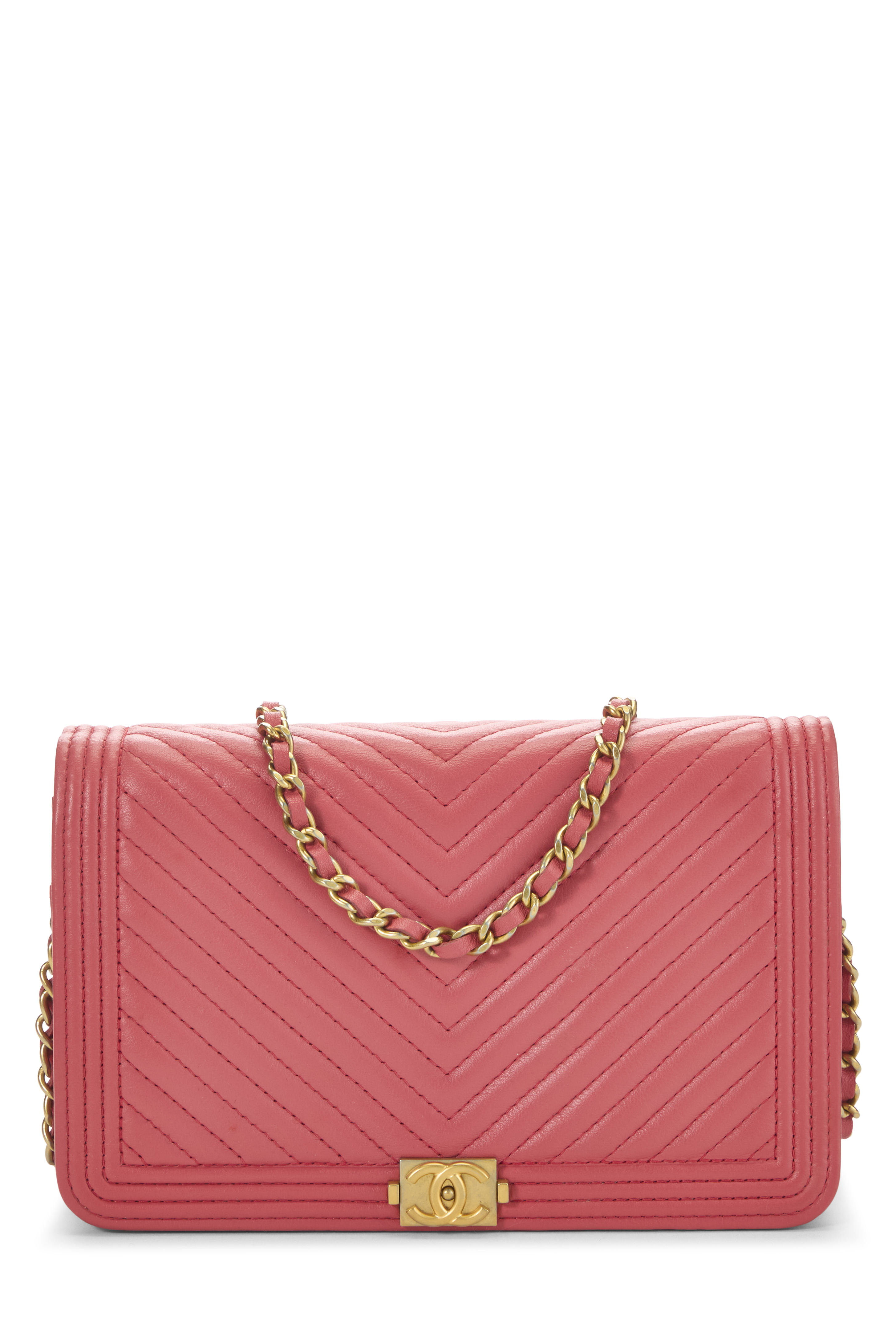 Women's Chanel Pink Lambskin Chevron Boy Wallet on Chain (WOC) in Pink