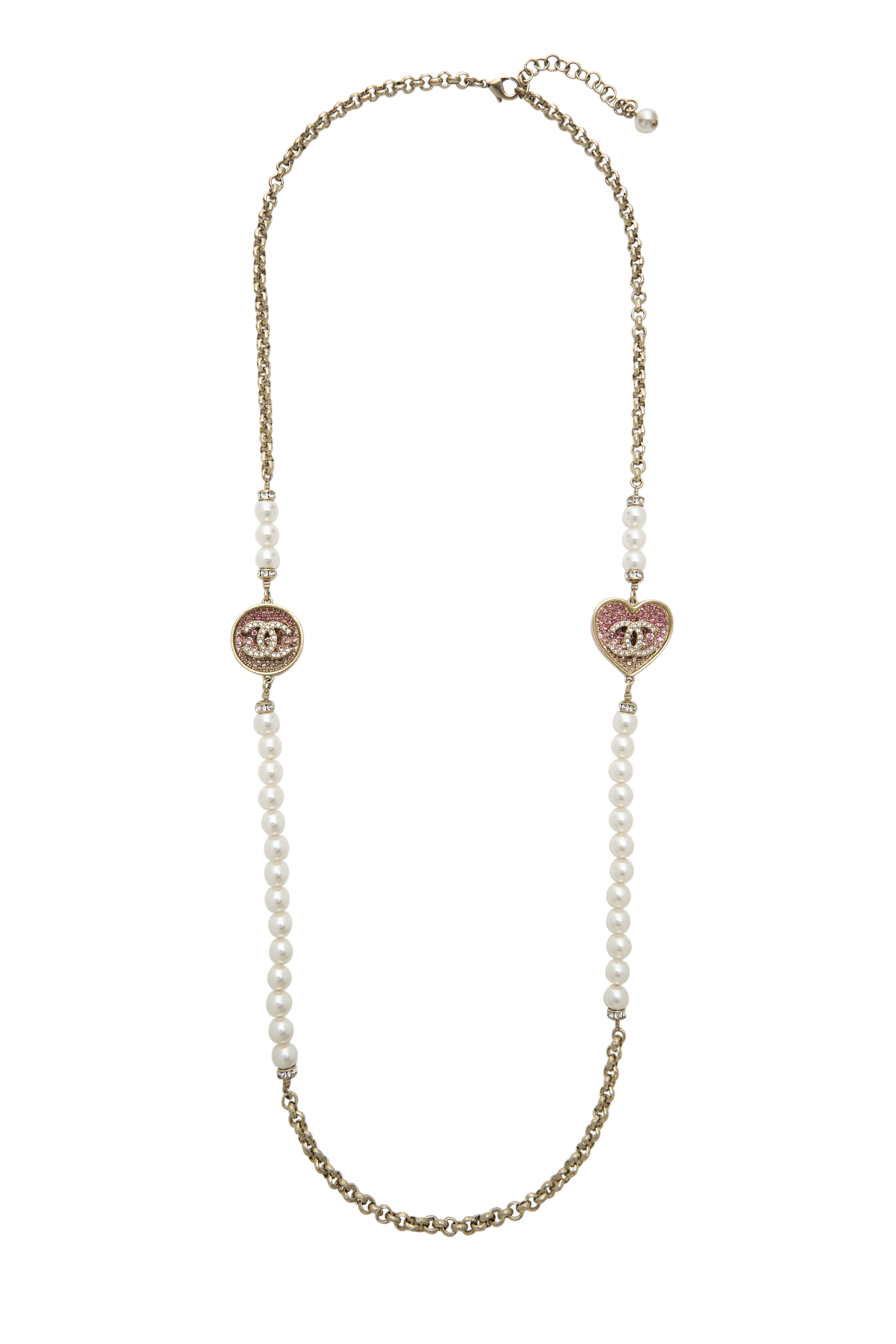 Women's Chanel Pink Gold 'CC' Faux Pearl Heart Necklace in Pink