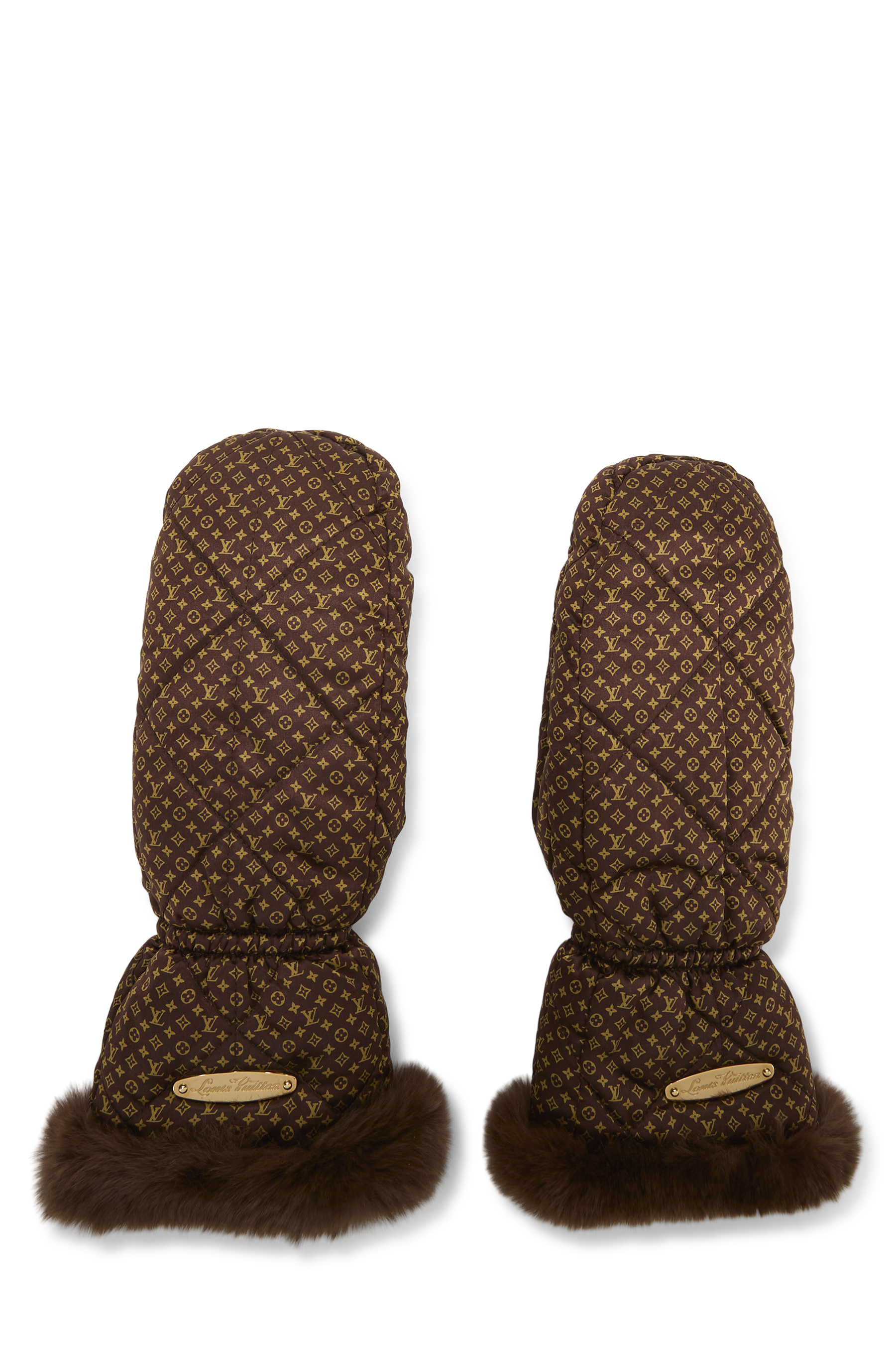 Women's Louis Vuitton Silk Monogram Fur-Lined Mittens in Brown
