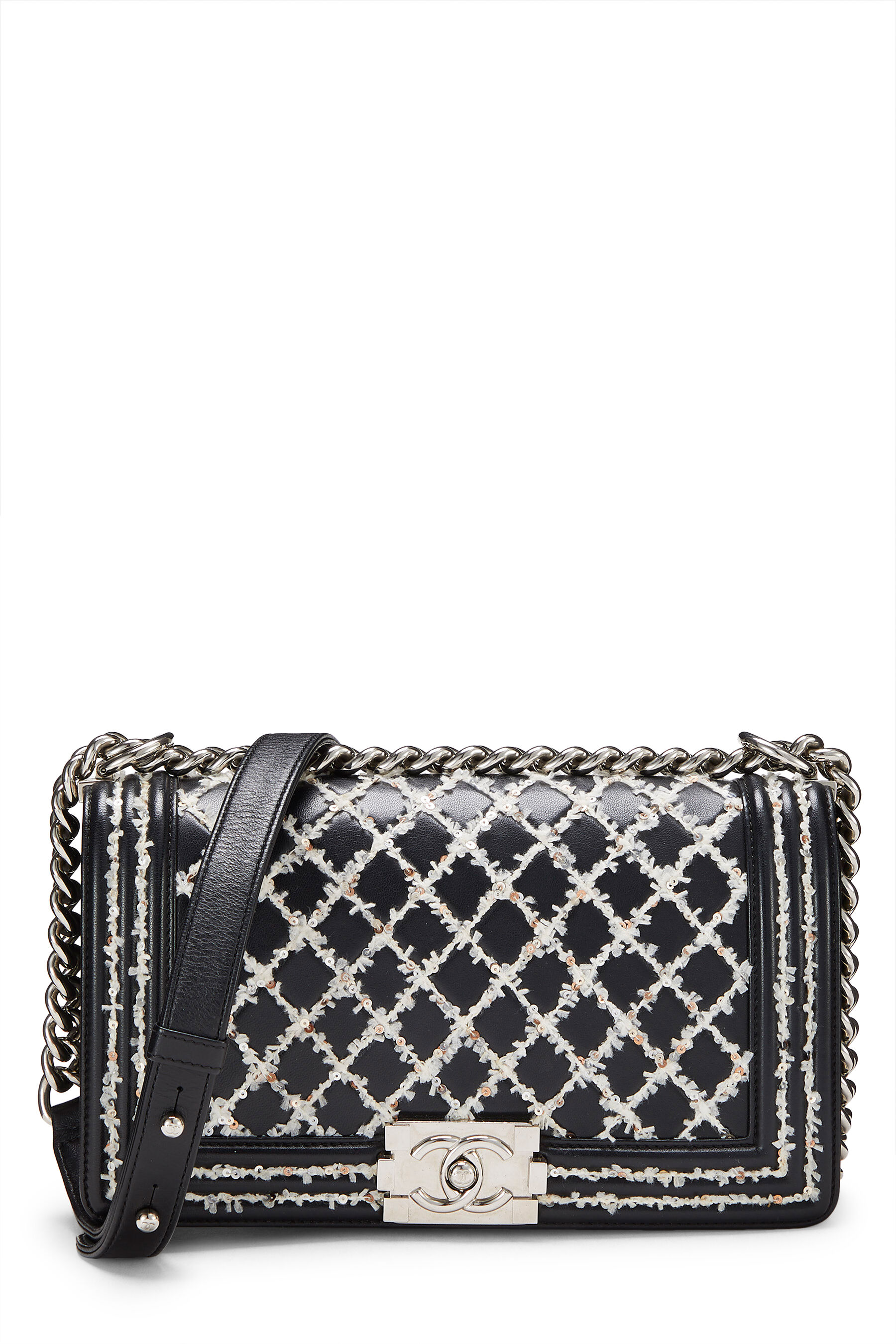 Women's Chanel Black Quilted Calfskin Embroidered Boy Bag Medium in Black Medium