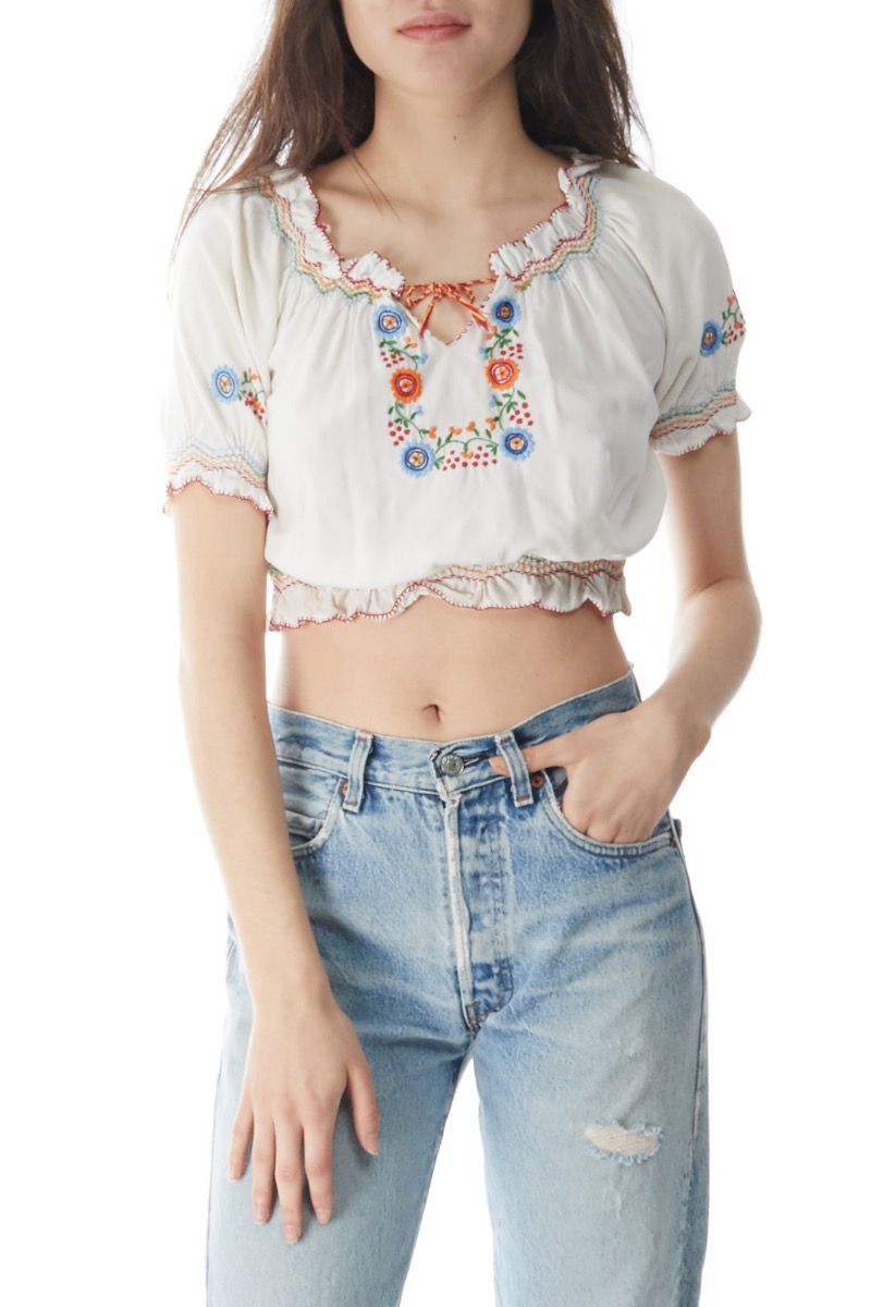 Women's WGACA Vintage 1930s White Embroidered Peasant Blouse in White