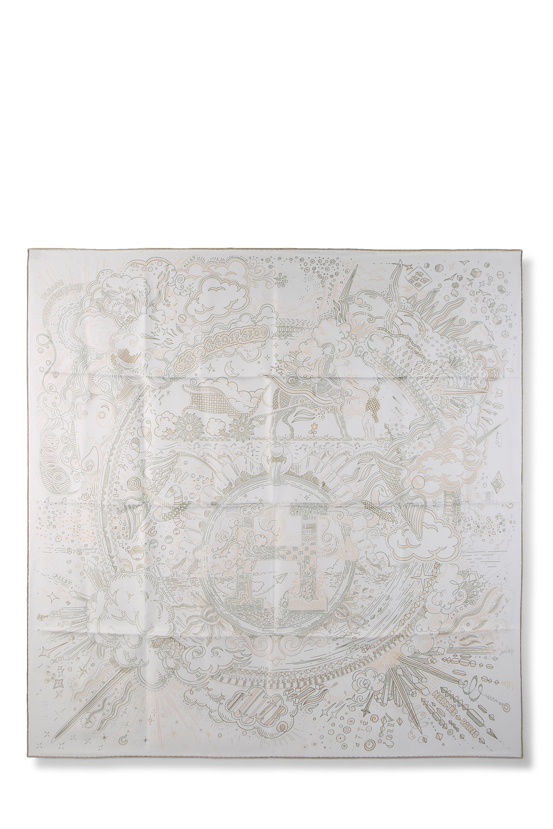 Women's Hermès White & Multicolor 'Please Hold the Line' Silk Scarf 90 in White