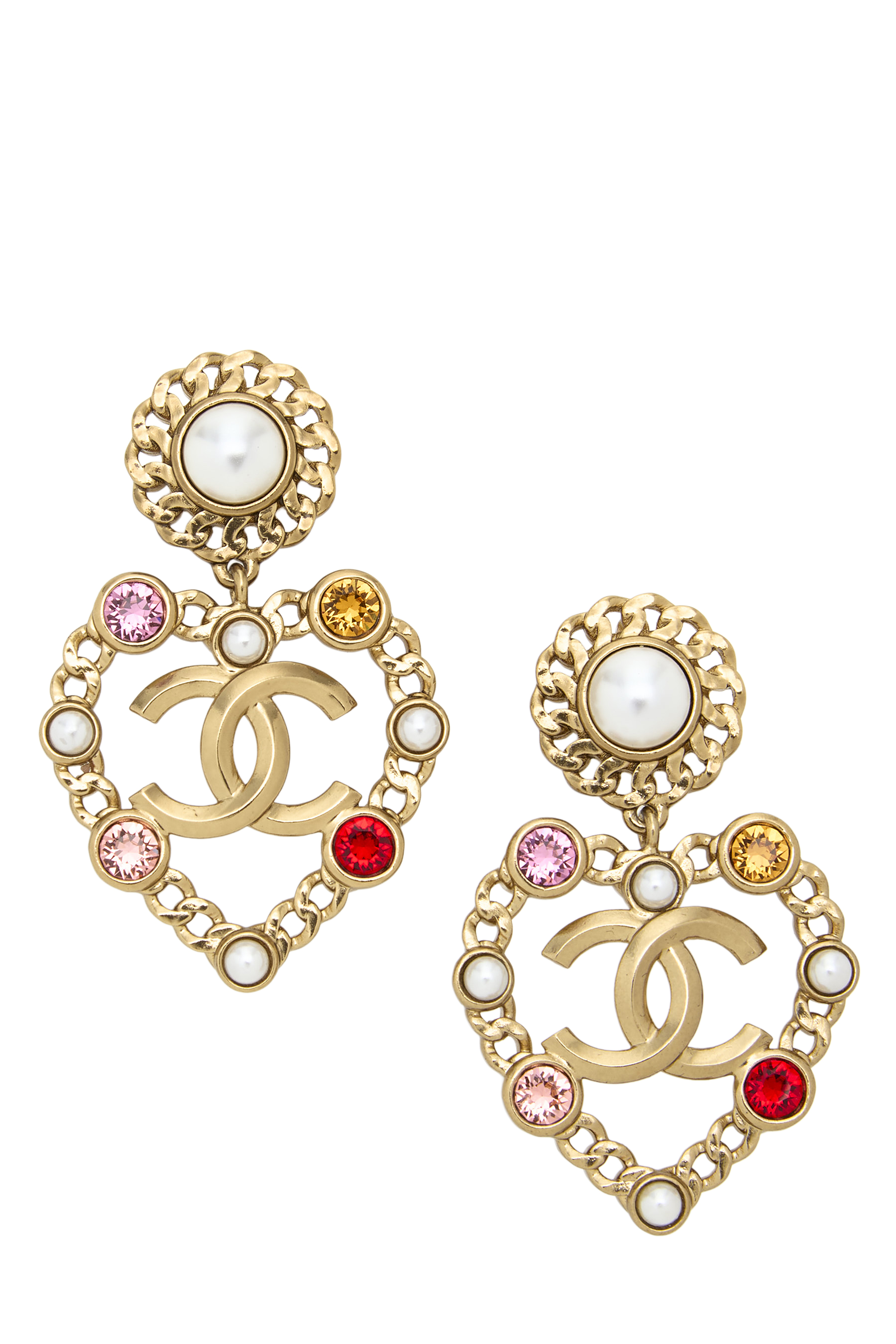 Women's Chanel Gold Crystal 'CC' Heart Dangle Earrings in Gold