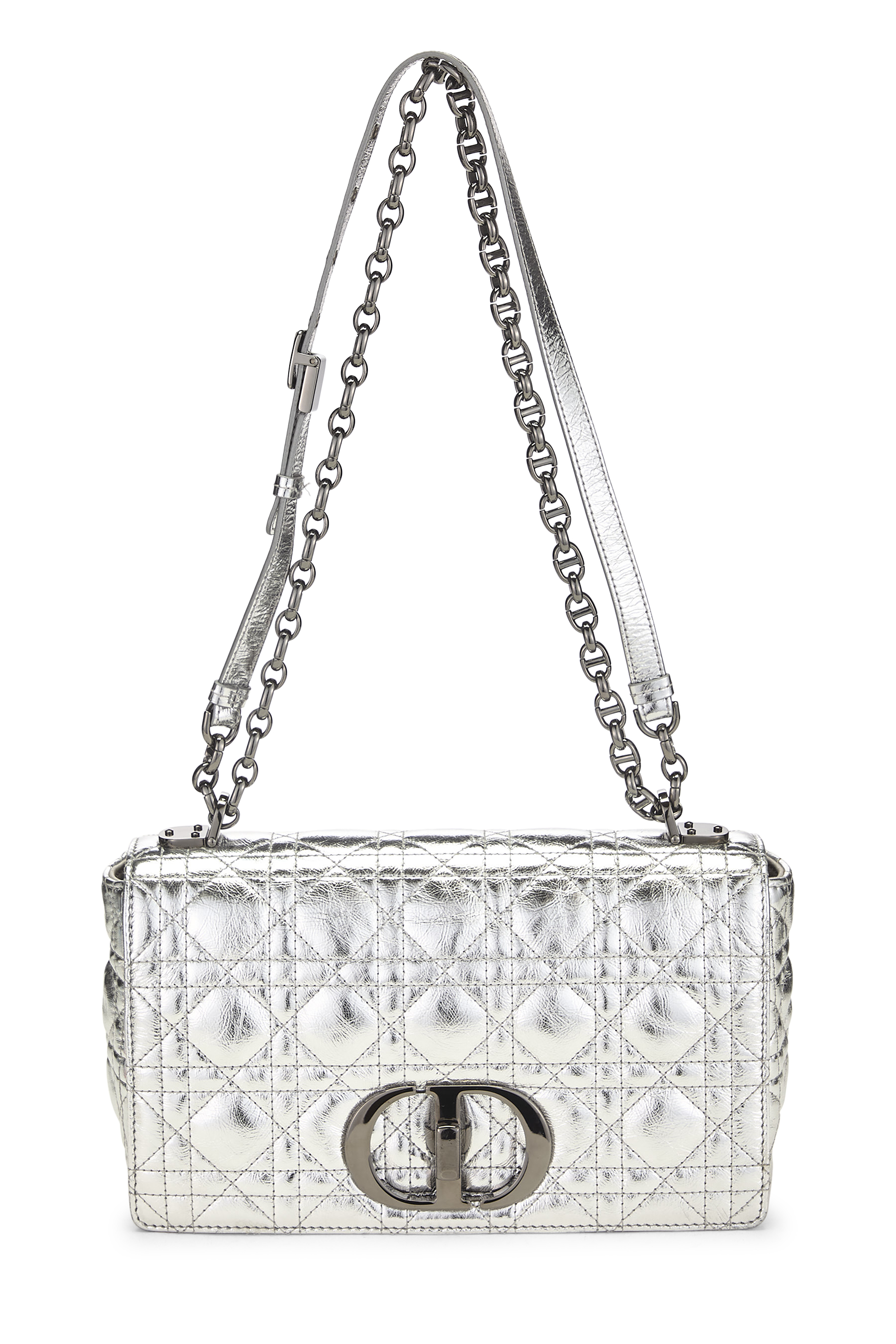 Women's Christian Dior Silver Metallic Cannage Caro Bag Medium in Silver