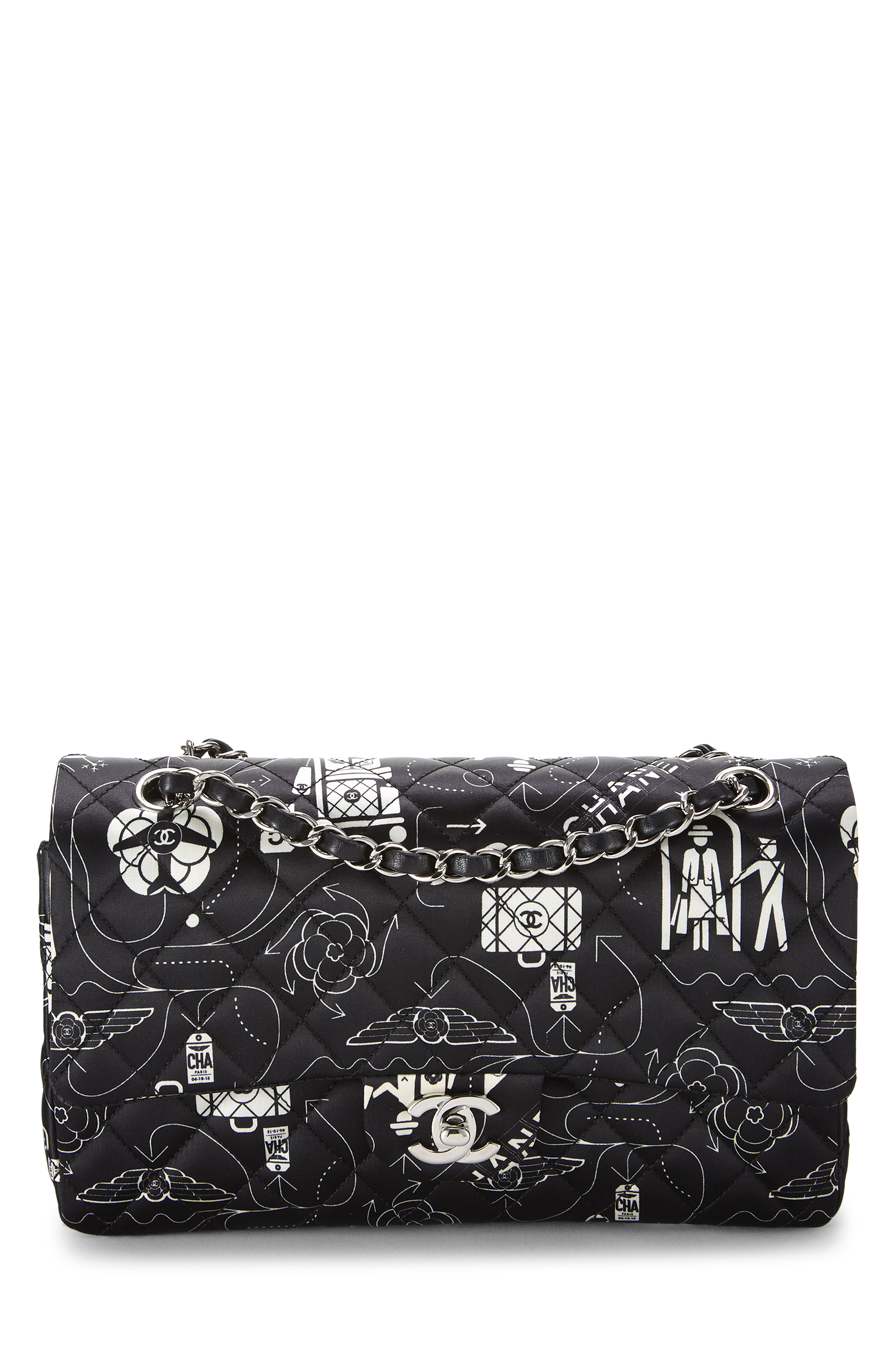 Women's Chanel Black Satin Airline Classic Double Flap Medium in Black 10"