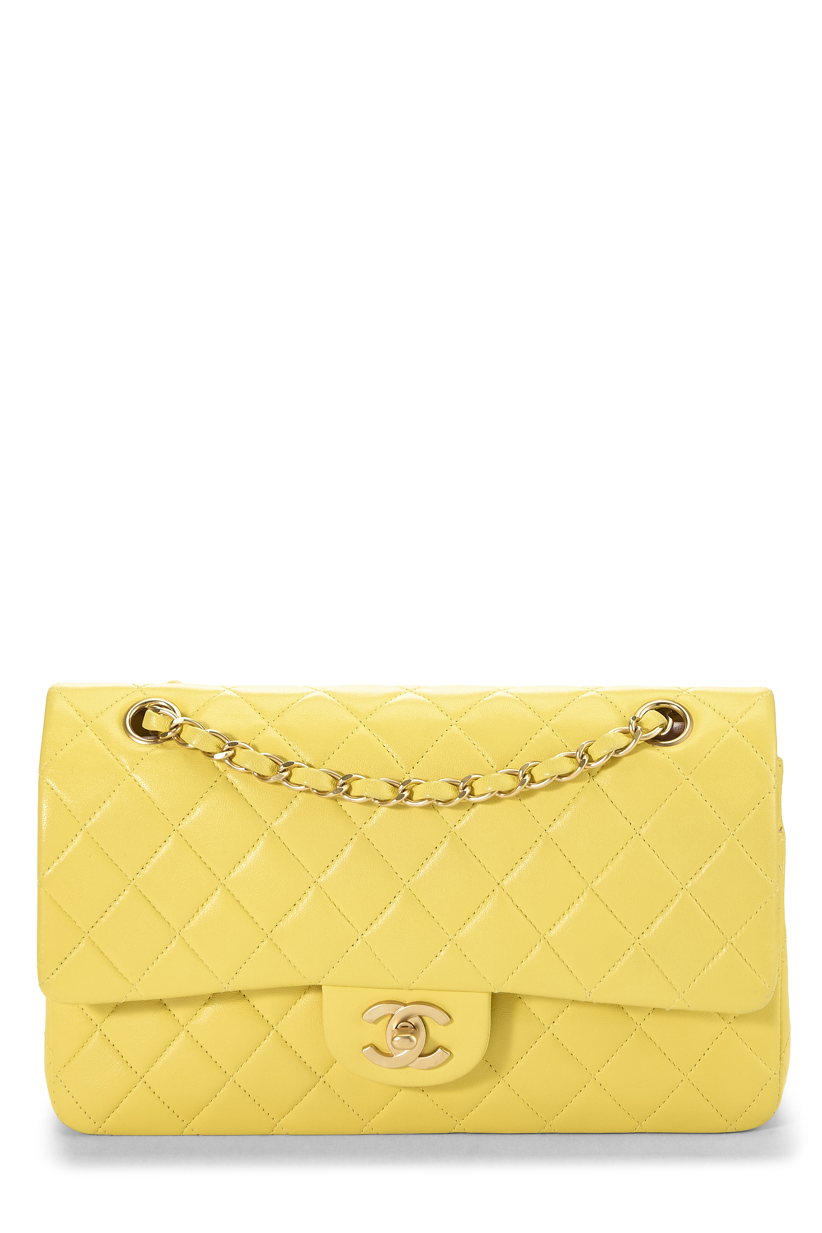 Women's Chanel Yellow Quilted Lambskin Classic Double Flap Medium in Yellow 10"