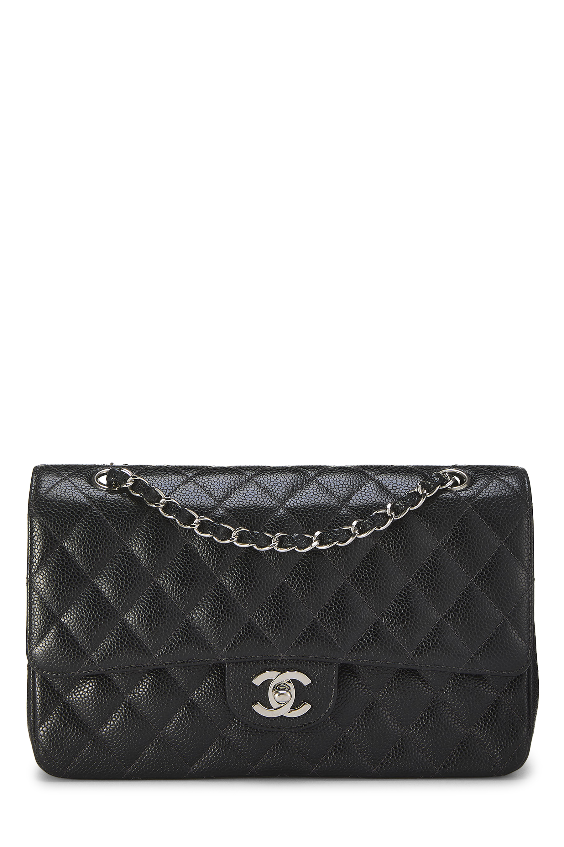 Women's Chanel Black Quilted Caviar Classic Double Flap Medium in Black 10"