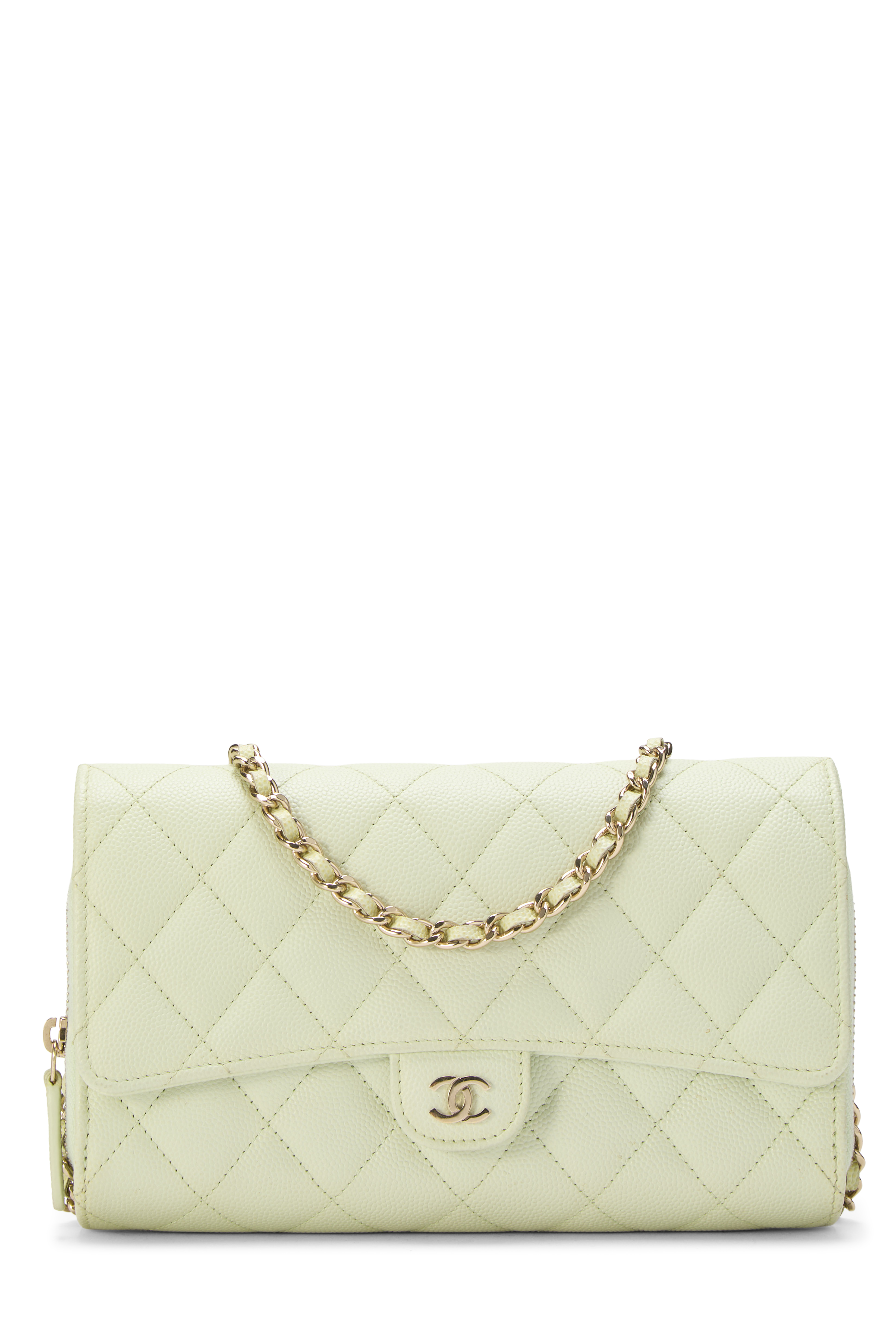 Women's Chanel Green Caviar 'CC' Flap Phone Holder On Chain in Green