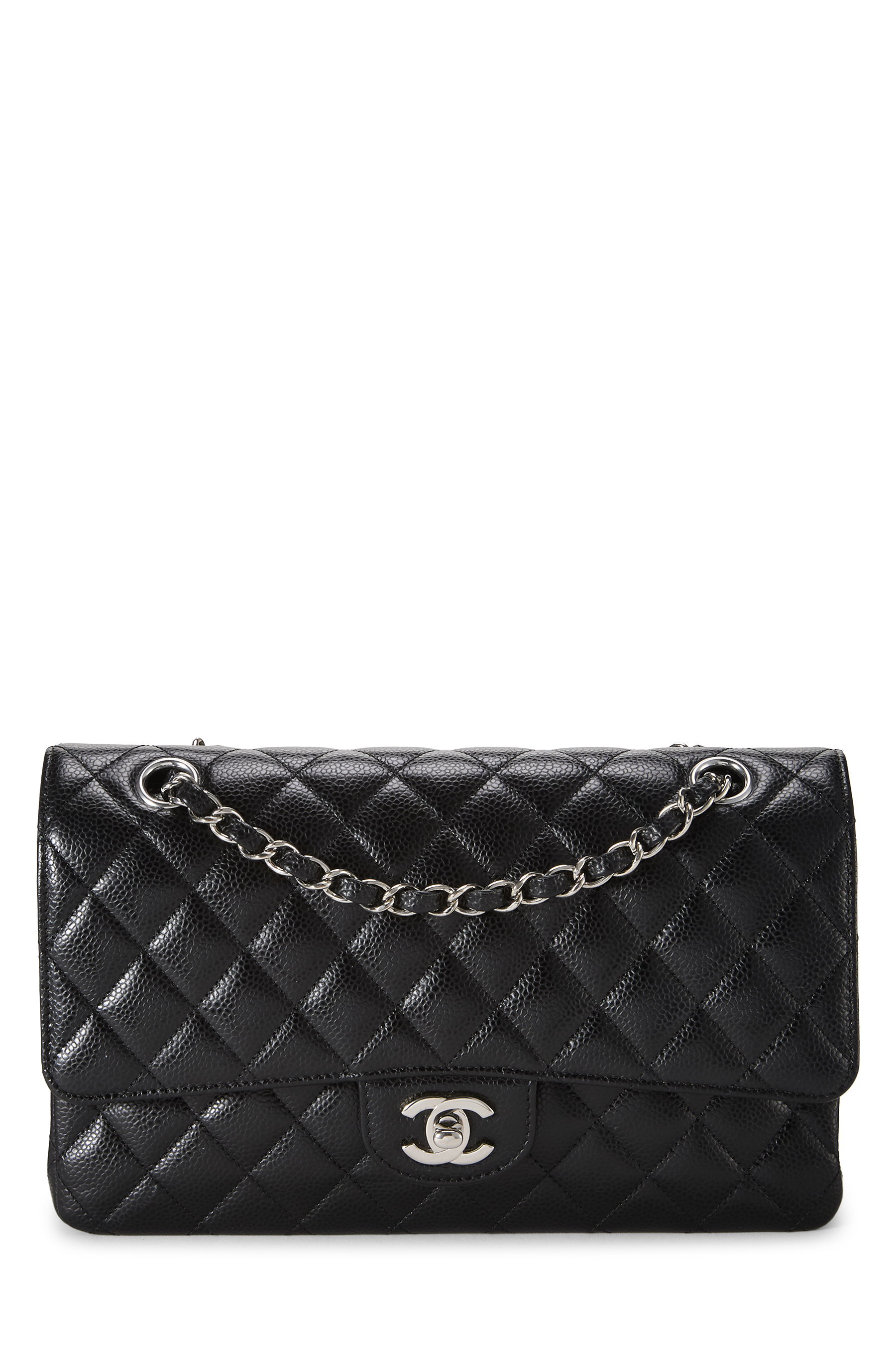 Women's Chanel Black Quilted Caviar Classic Double Flap Medium in Black 10"