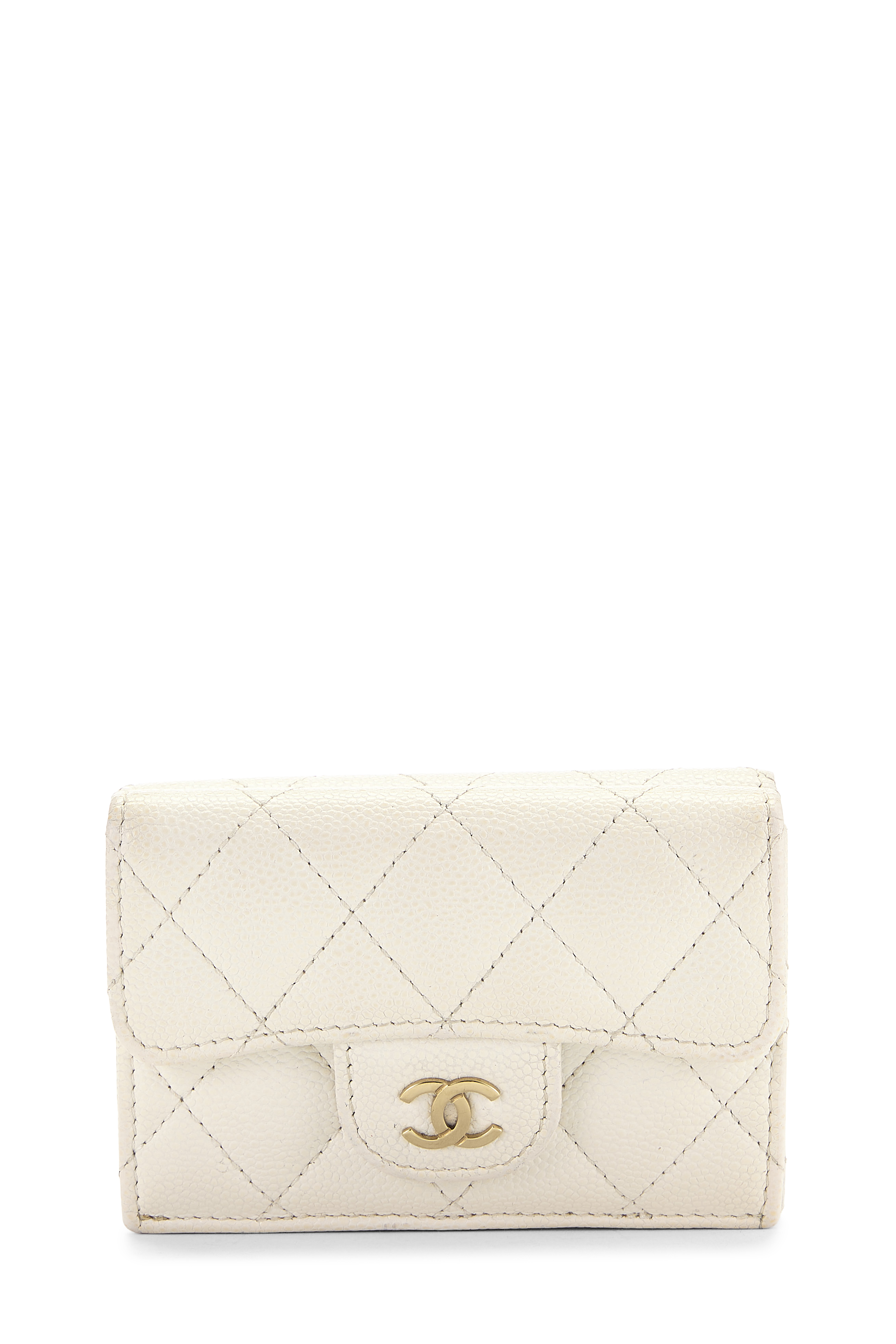 Women's Leather Chanel White Caviar Classic Flap Compact Wallet in White