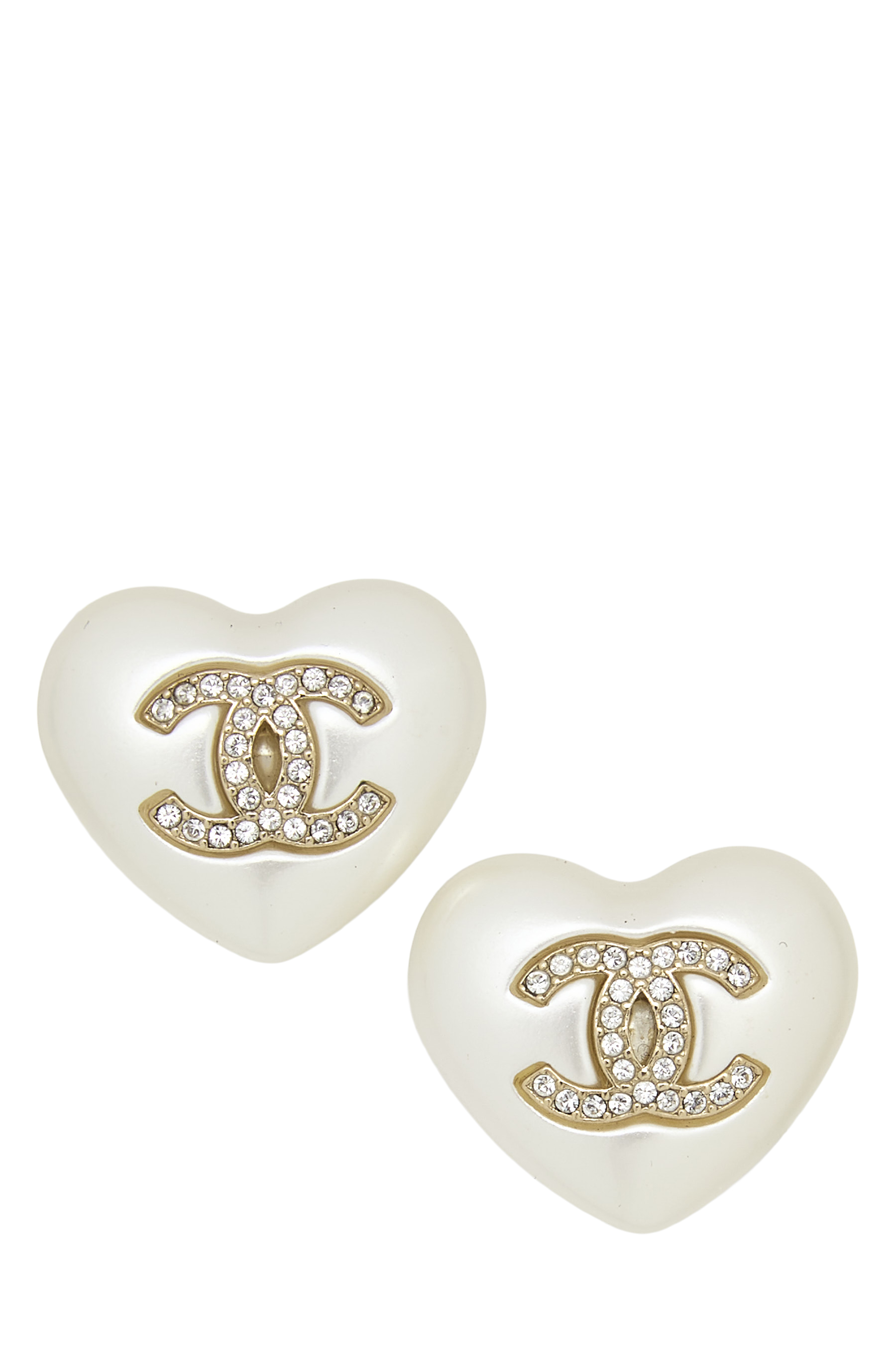 Women's Chanel Gold Crystal Faux Pearl 'CC' Heart Earrings in Gold