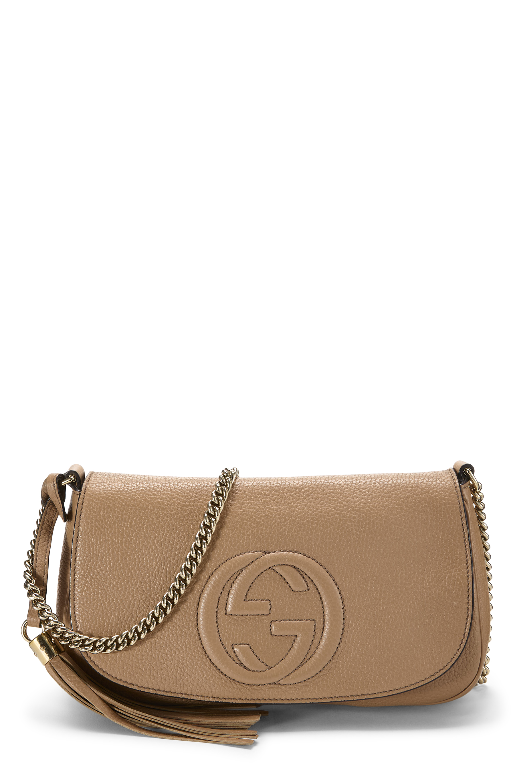 Women's Gucci Beige Grained Leather Soho Chain Flap Crossbody in Beige