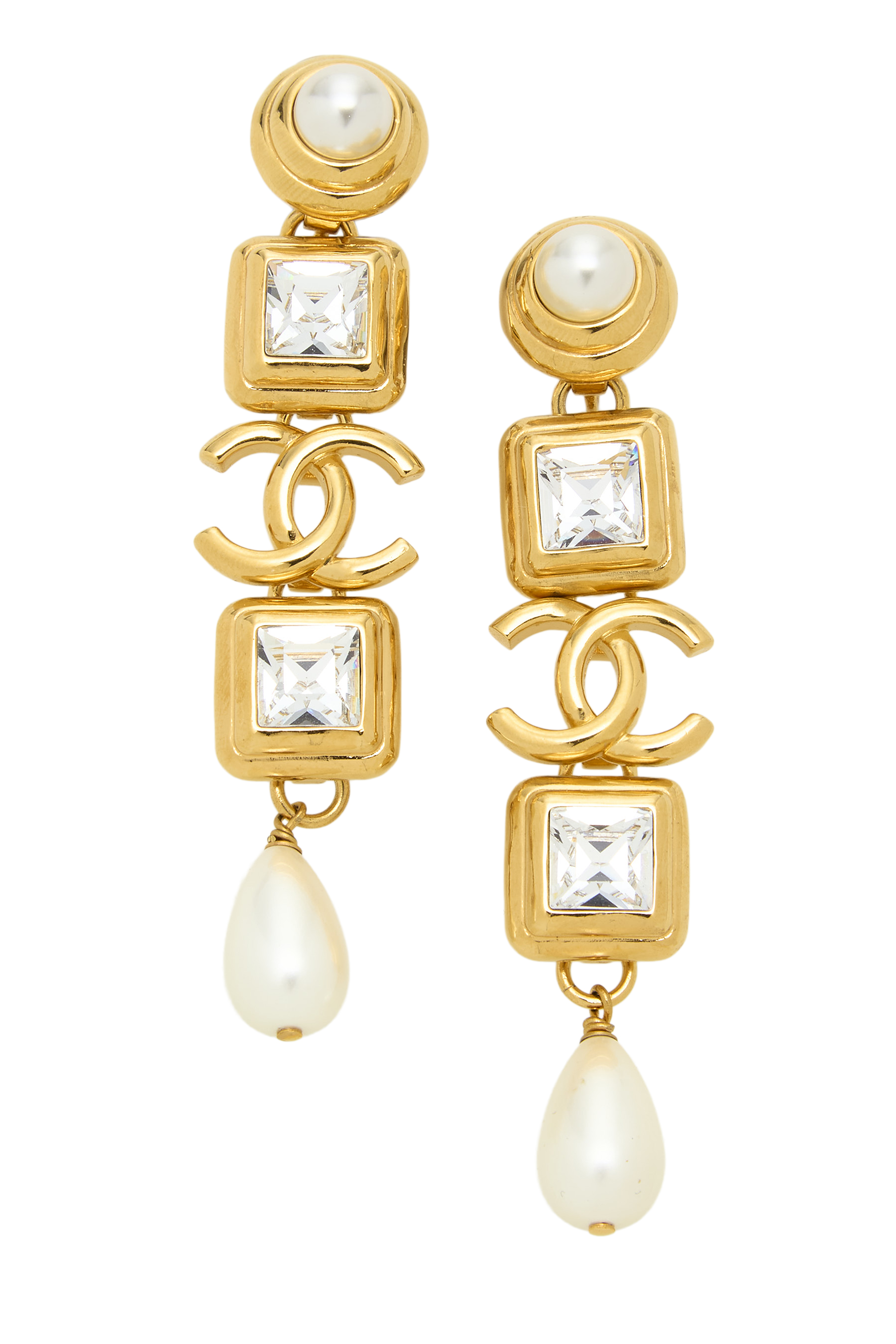 Women's Chanel Gold Crystal 'CC' Faux Pearl Dangle Earrings in Gold