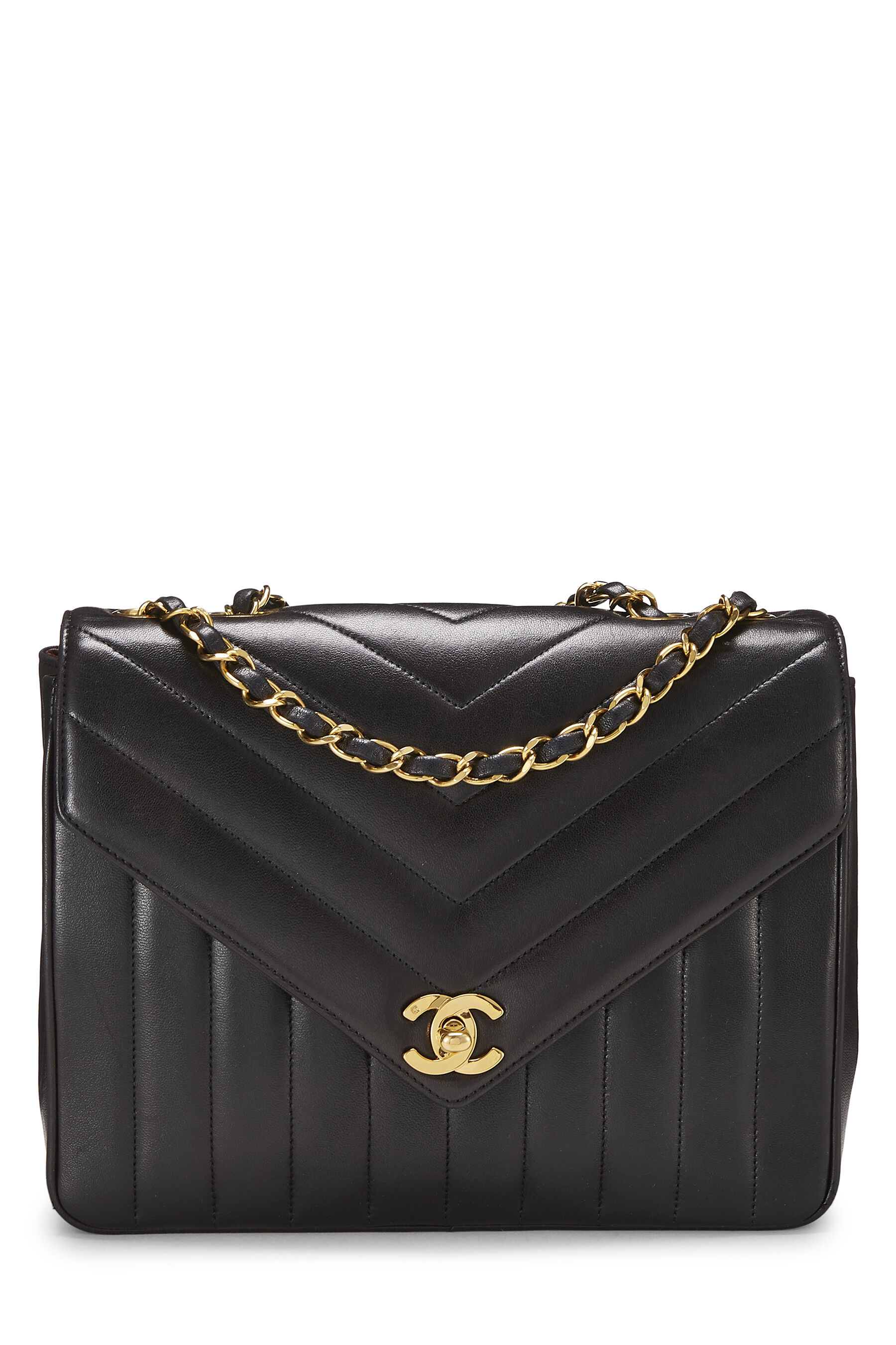 Women's Chanel Black Lambskin Chevron Envelope Flap Small in Black 9"