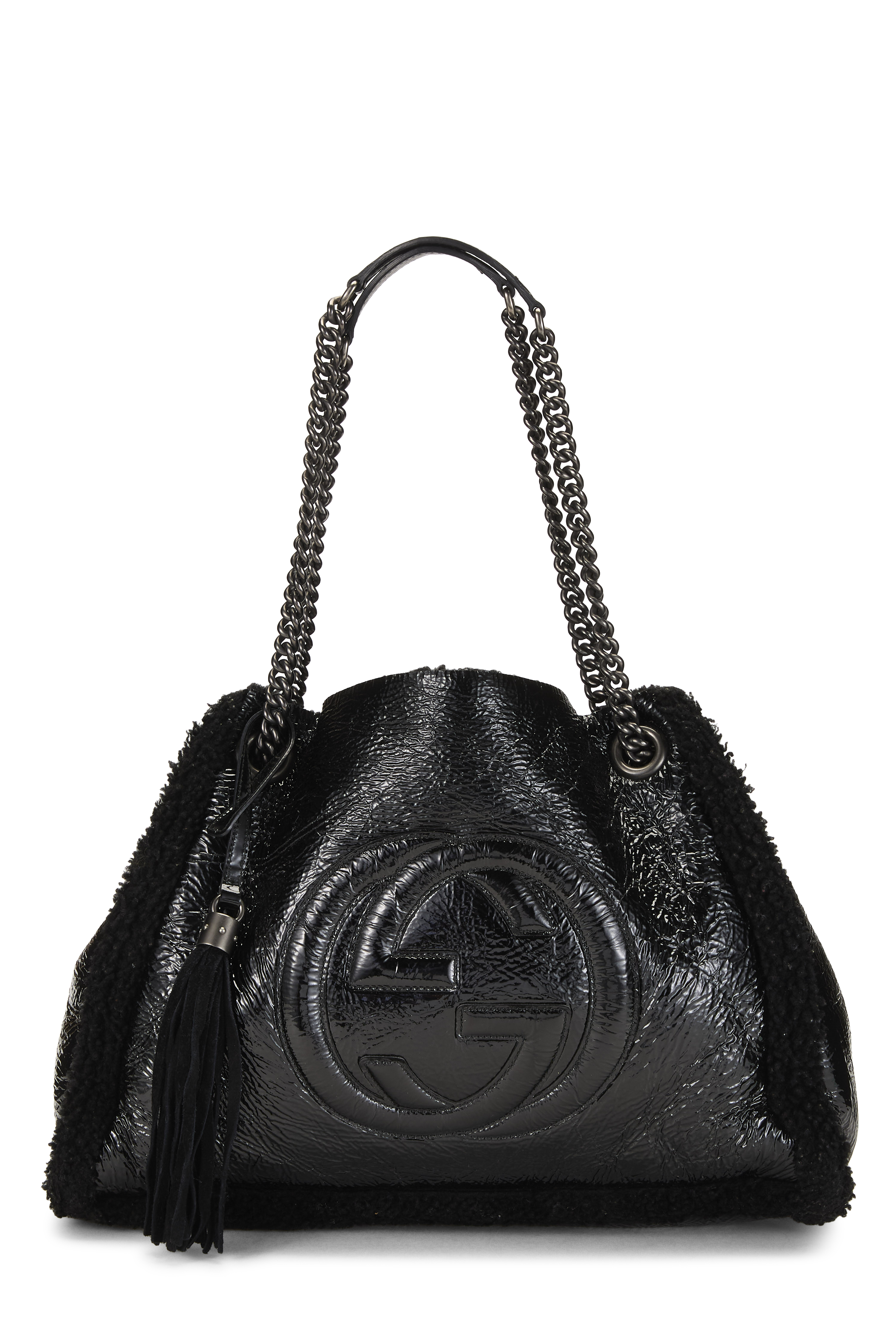 Women's Gucci Black Patent Leather Soho Chain Tote in Black