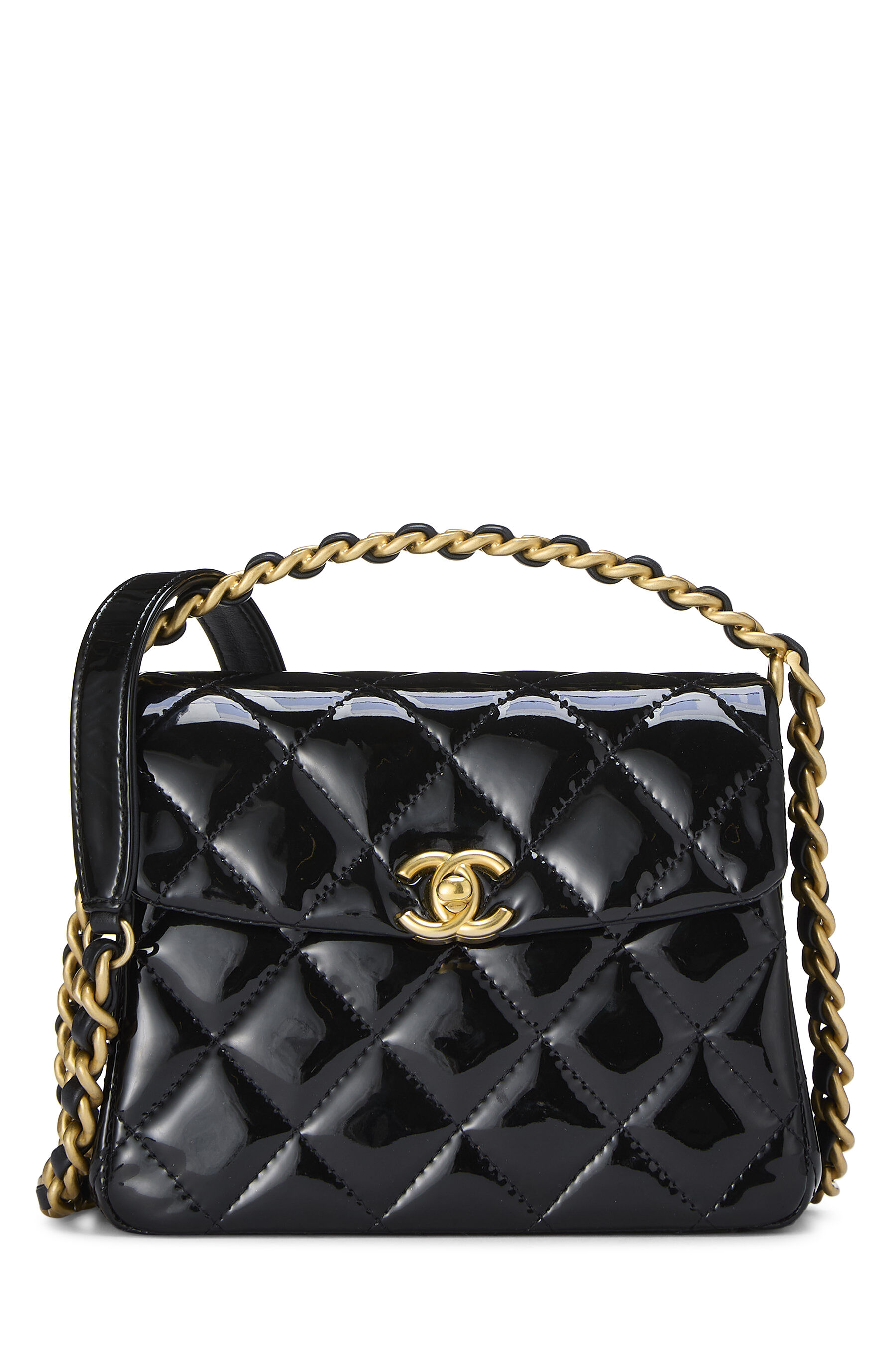 Women's Chanel Black Patent Leather Top Handle Flap Bag Mini in Black Mini