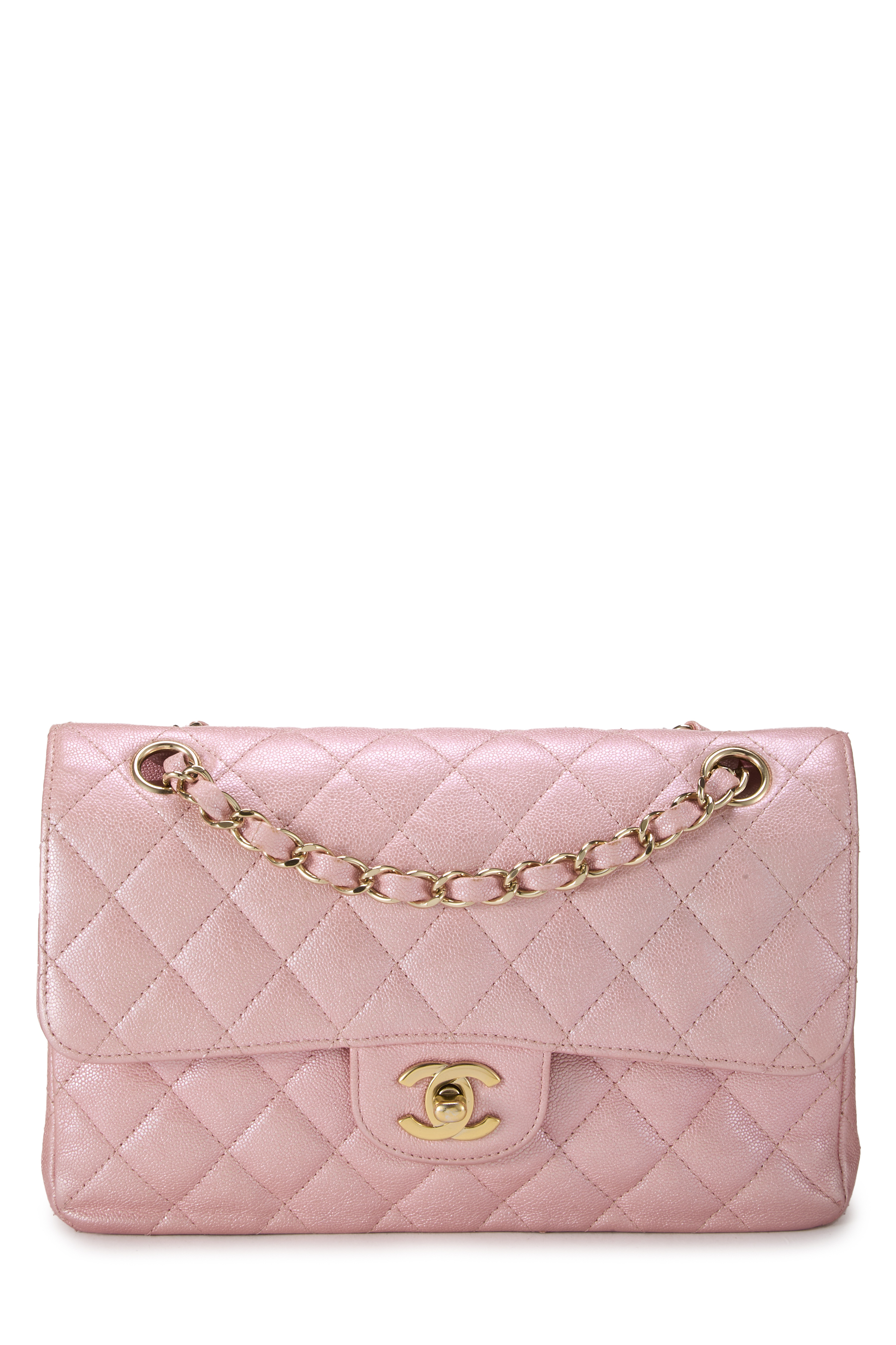 Women's Leather Chanel Iridescent Pink Quilted Caviar Classic Double Flap Small in Pink 9"