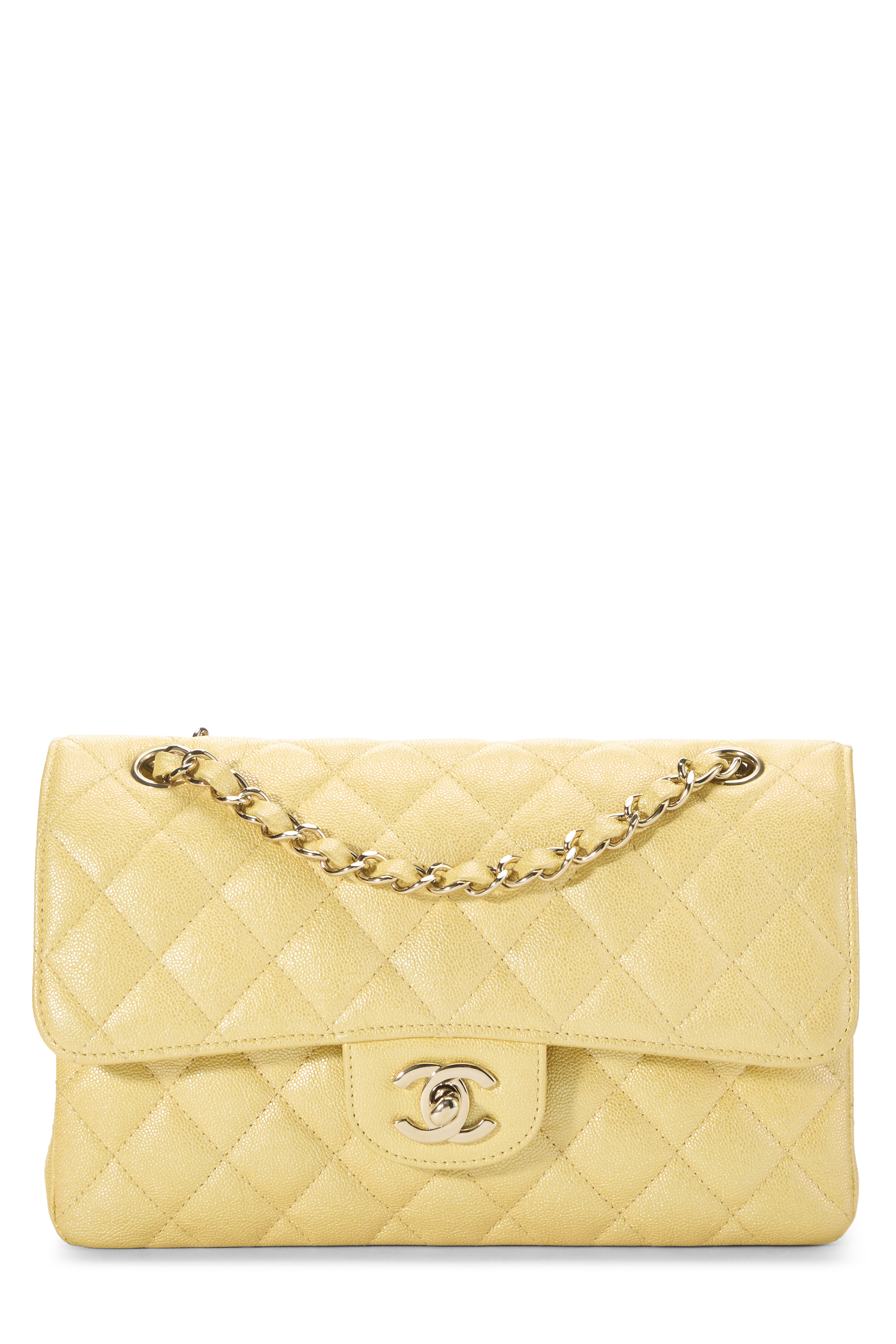 Women's Chanel Iridescent Yellow Quilted Caviar Classic Double Flap Small in Yellow 9"