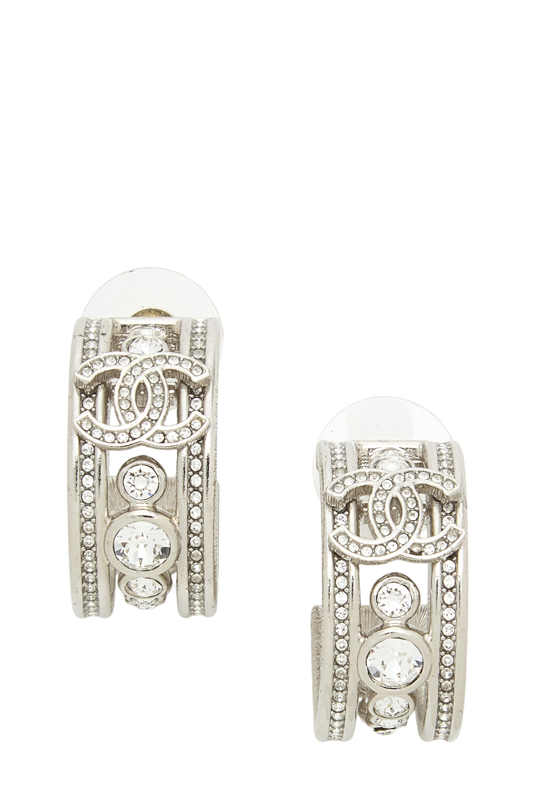 Women's Chanel Silver 'CC' Crystal Hoop Earrings in Silver