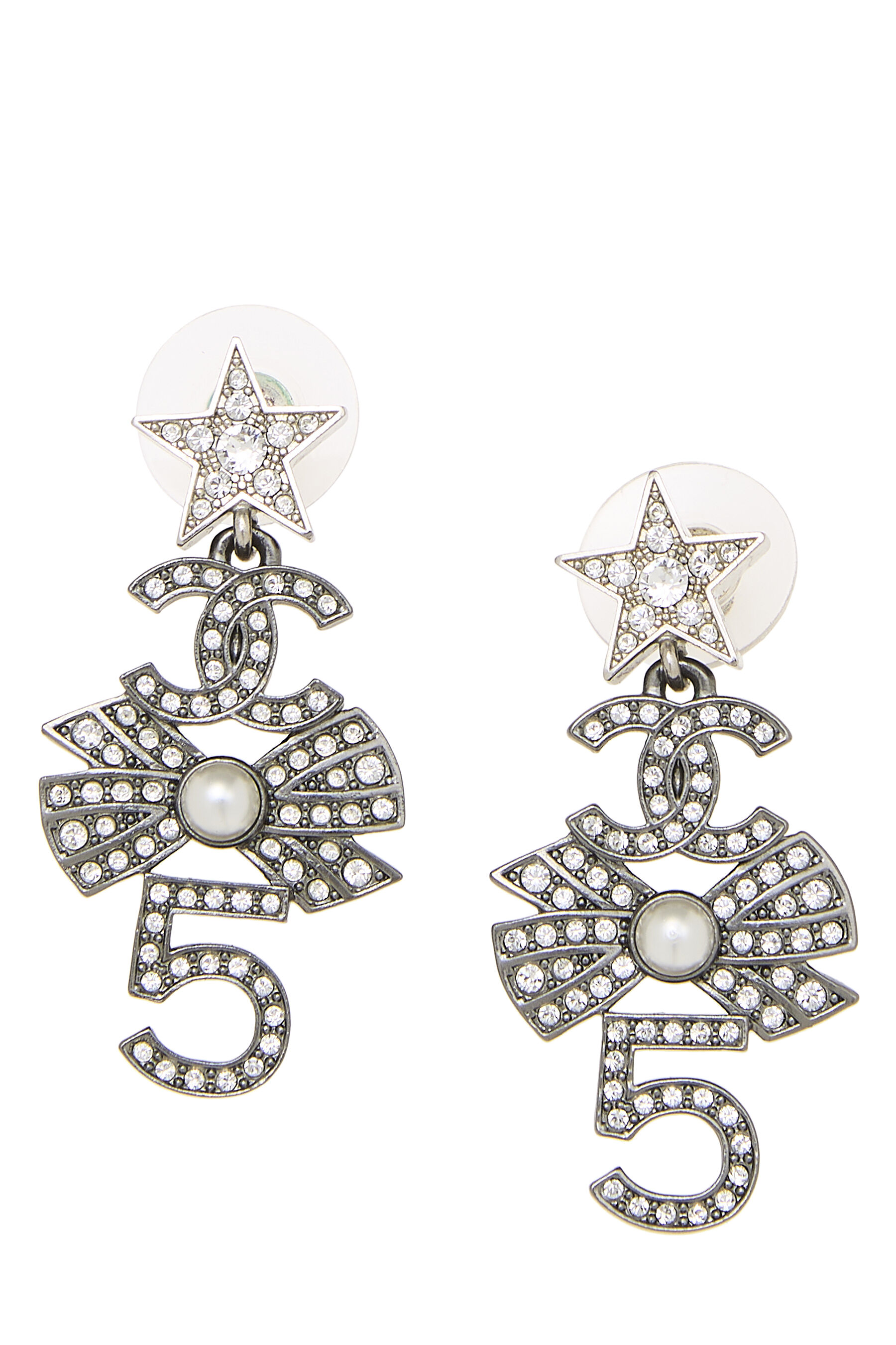 Women's Chanel Silver Crystal 'CC' Drop Earrings in Grey
