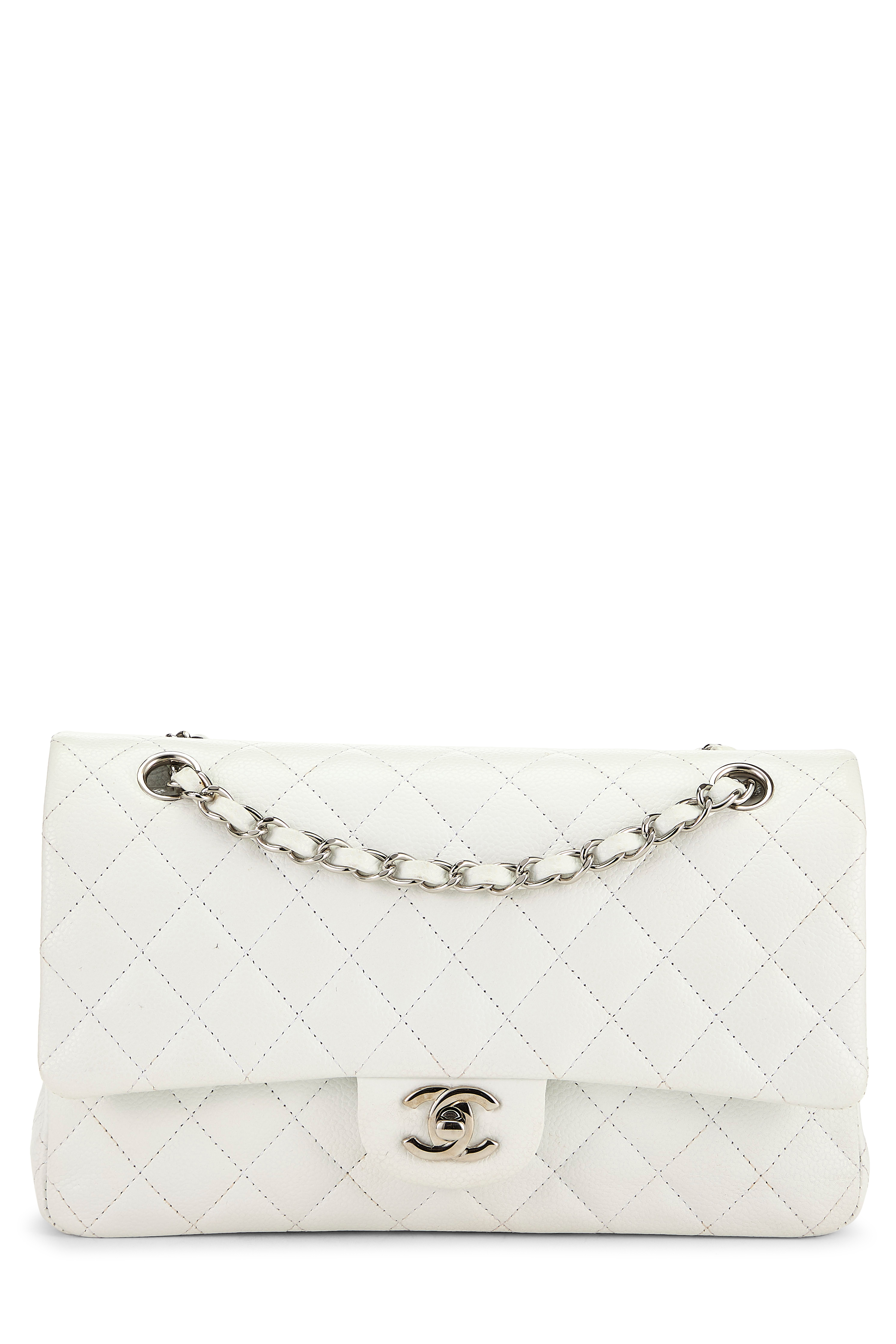 Women's Chanel White Quilted Caviar Classic Double Flap Medium in White 10"