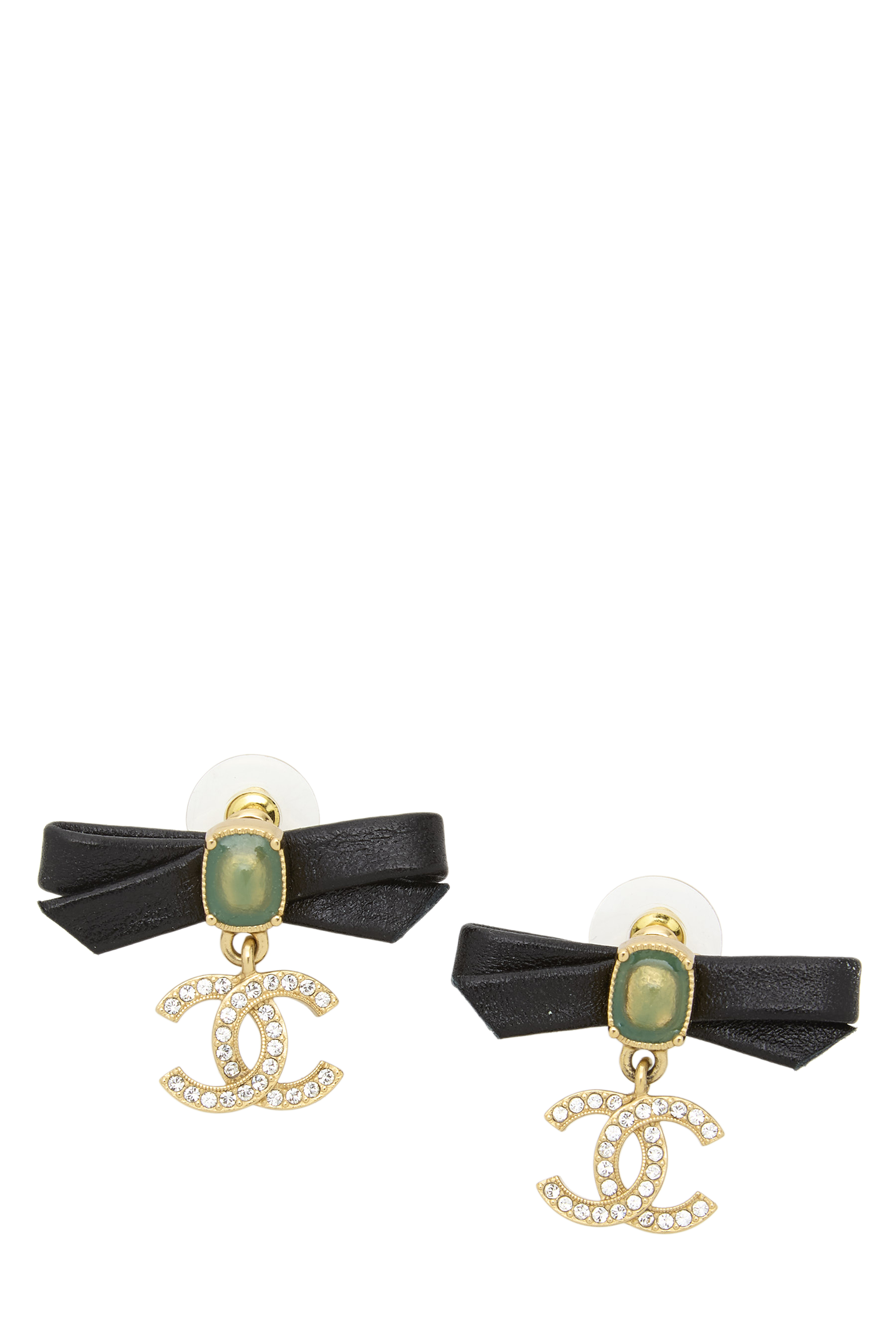 Women's Chanel Green Leather 'CC' Bow Earrings in Green