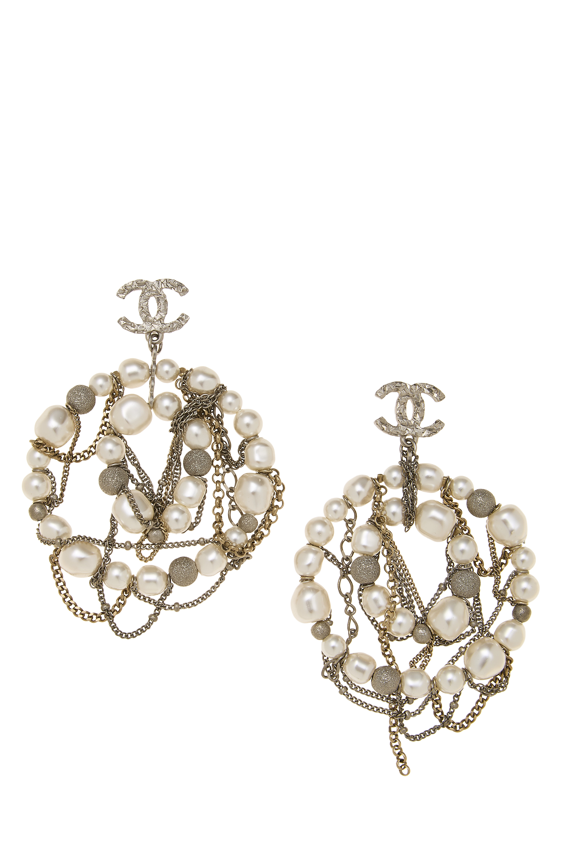 Women's Chanel Silver & Faux Pearl 'CC' Hoop Earrings in Silver