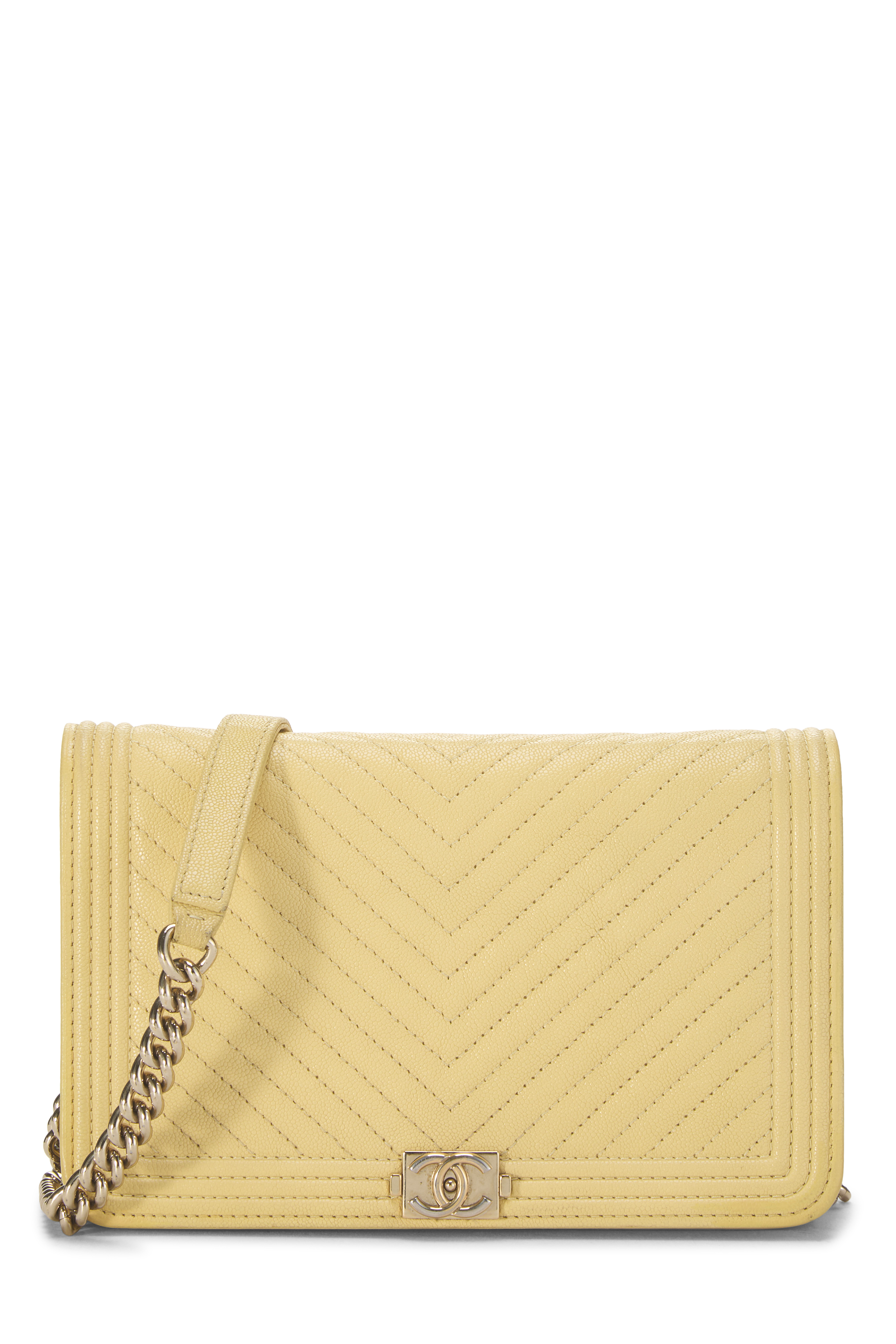 Women's Chanel Yellow Caviar Chevron Boy Wallet on Chain (WOC) in Yellow